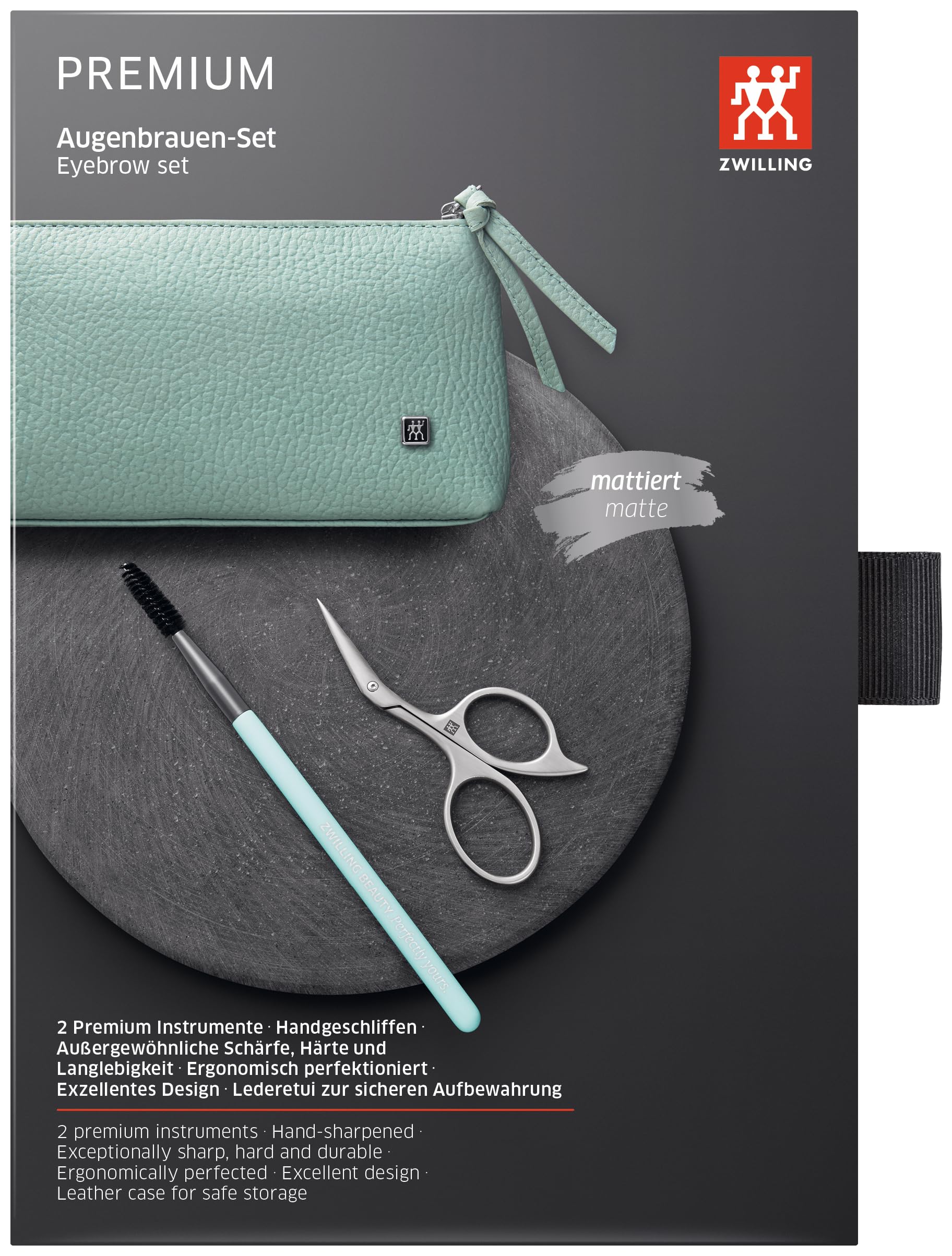 ZWILLING Augenbrauen Set mit Haarbürste und Schere, Geschenkset Leder Etui, Rostfreier Edelstahl, Premium, Mint