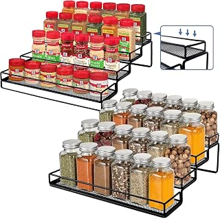 YelaJoy 2-Pack 4-Tier Expandable Spice Rack Organizer for Cabinet – Metal Step Shelf with Anti-Slip Rails, Adjustable Storage for Kitchen Cabinets & Countertops (Black, Two Sizes)