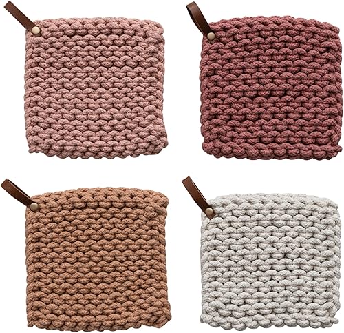 Creative Co-Op Mango cuadrado de cuero de ganchillo de algodón de color sólido de 8 pulgadas para cocinar, multicolor, juego de 4 soportes para ollas