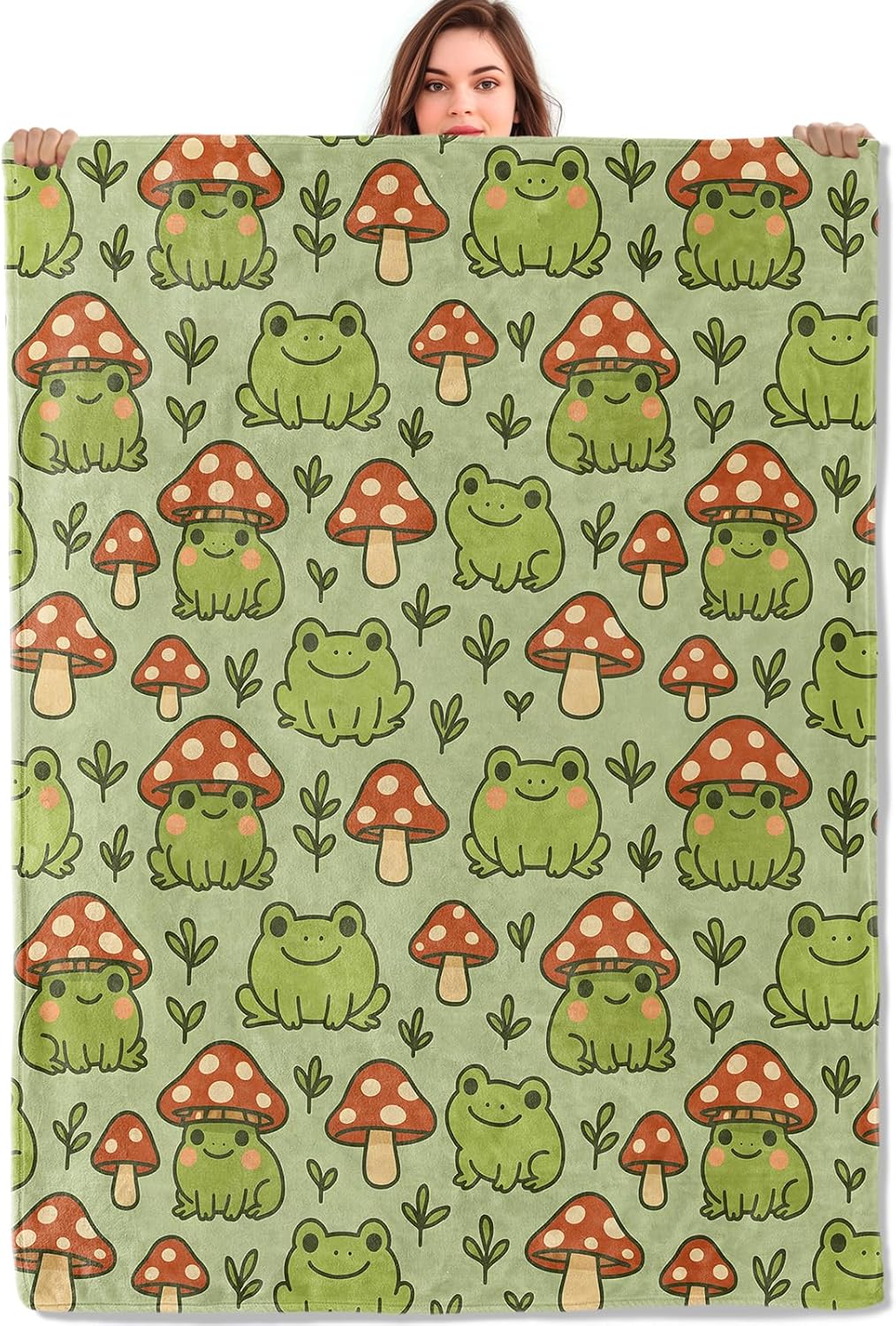 Cute Frog and Mushroom Throw Blanket, Gifts for Kids Girls, Green Frog Flannel Blankets for Travel Camping Sofa Living Room Decor, Fuzzy Warm Soft for Women Men Adults 50x60 in