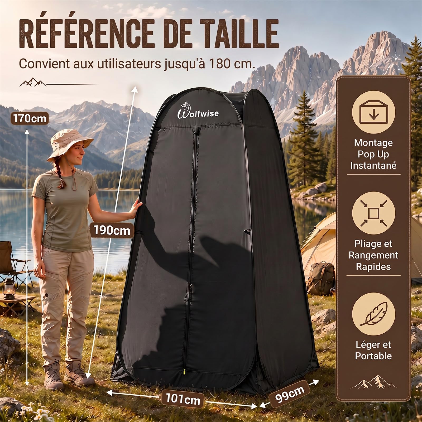 WolfWise Tente de Douche Pop Up Toilette Cabinet de Changement Camping Abri de Plein Air Vestiaire Extérieure Intérieure Portable, Largeur 40" (101 cm), Hauteur 75" (190 cm), Noir