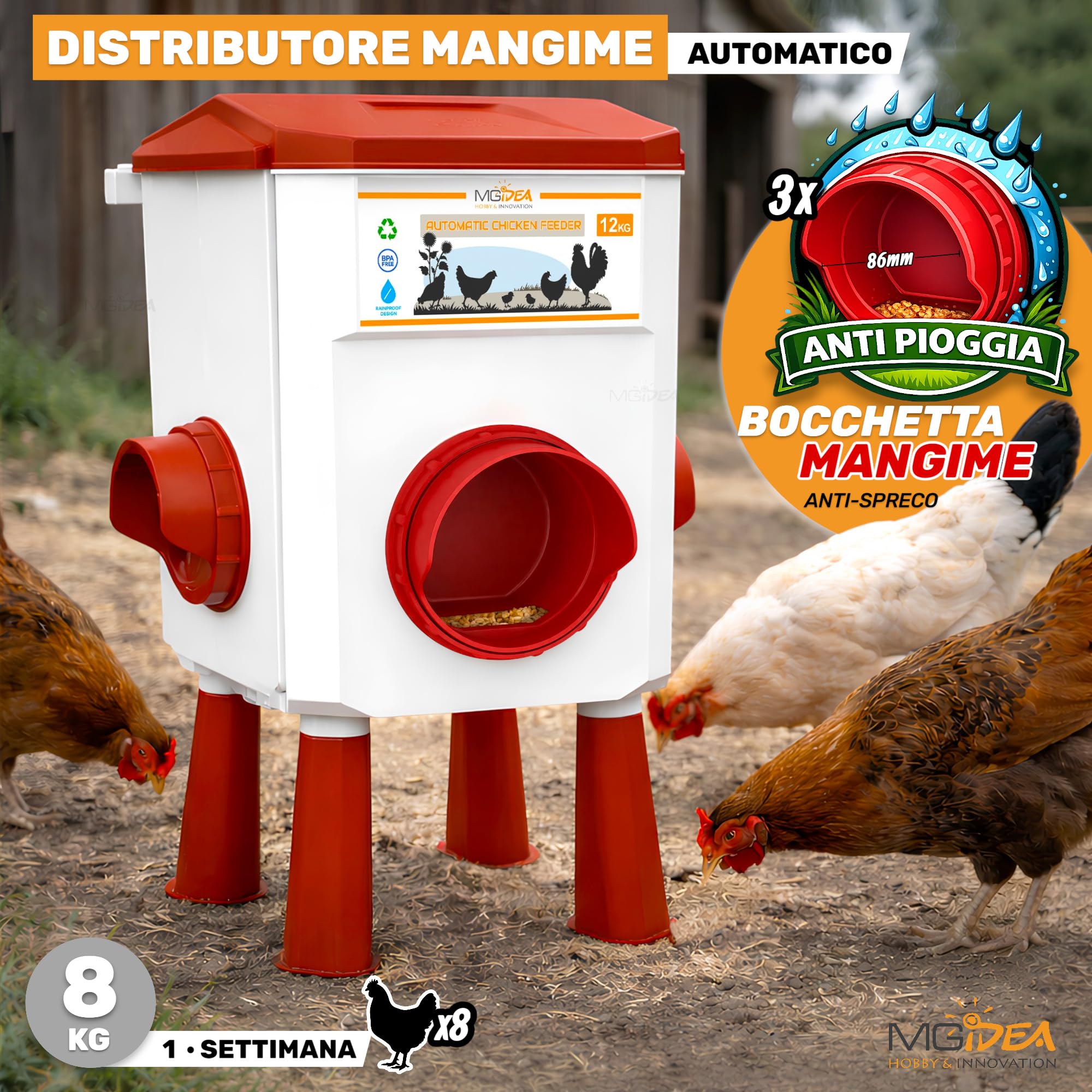 KIT MANGIATOIA ABBEVERATOIO GALLINE DISPENSER AUTOMATICO SISTEMA DISTRIBUTORE ACQUA MANGIME POLLAIO REGOLABILE GIARDINO PULCINI (8 Kg + 7 Lt)