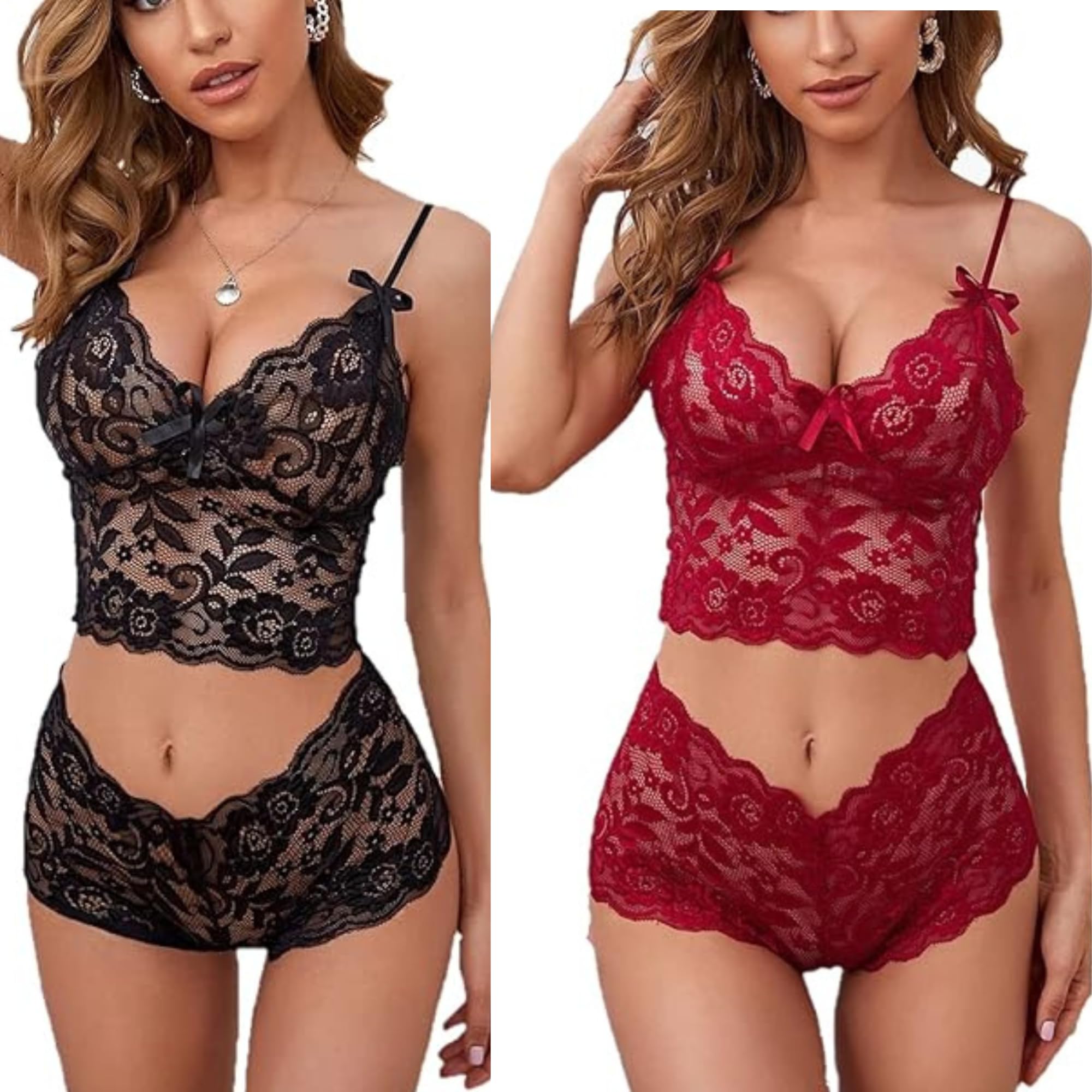 Women's Lace Lingerie Set Pack of 2 – Floral Lace Camisole Bralette Top and High-Waist Lace Shorts Set Combo (Black & Maroon)-image-35