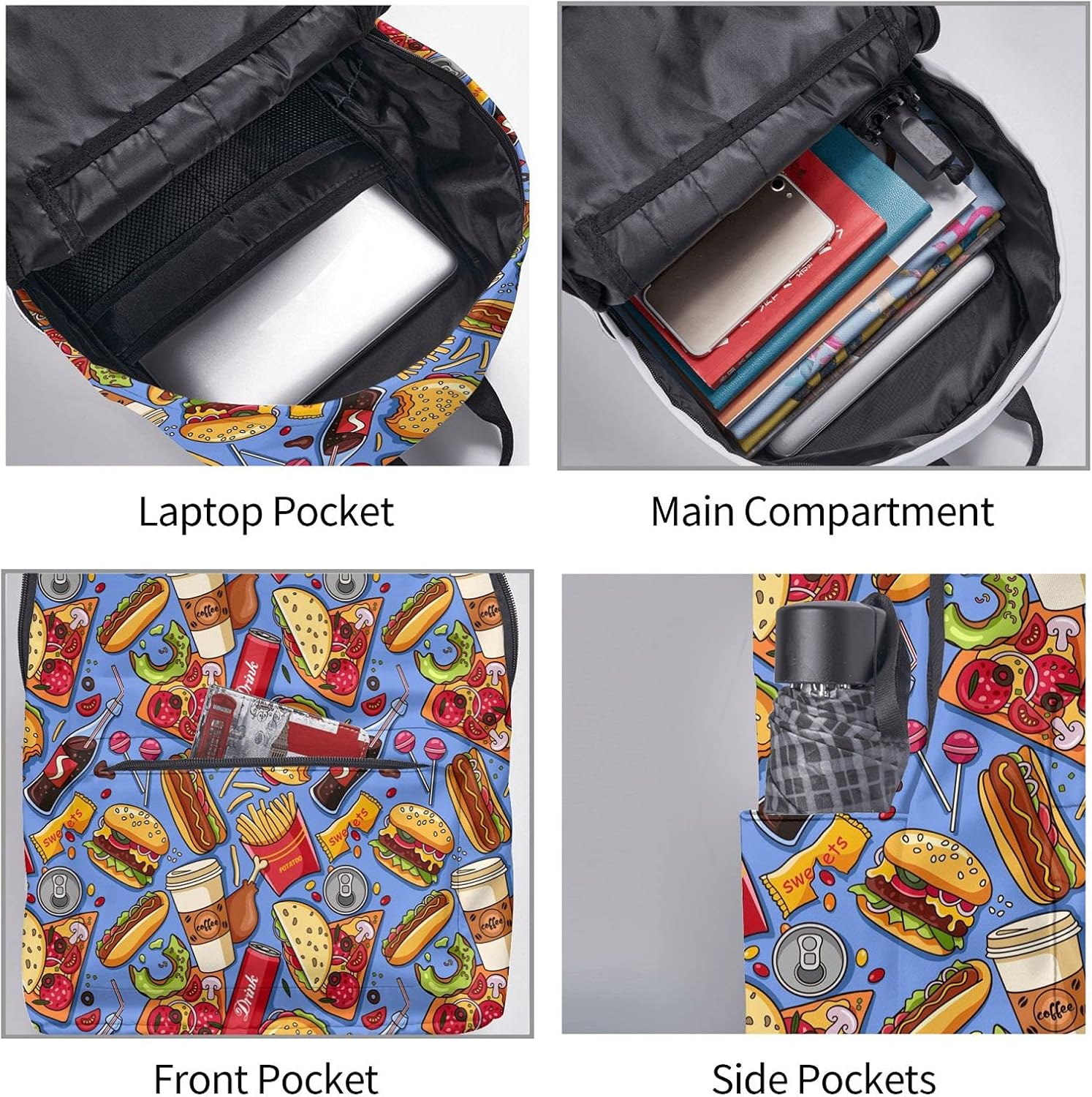 16 inch backpack Fast Food Hamburger Pizza Cola Laptop Backpack Full Print School Bookbag Shoulder Bag for Travel Daypack