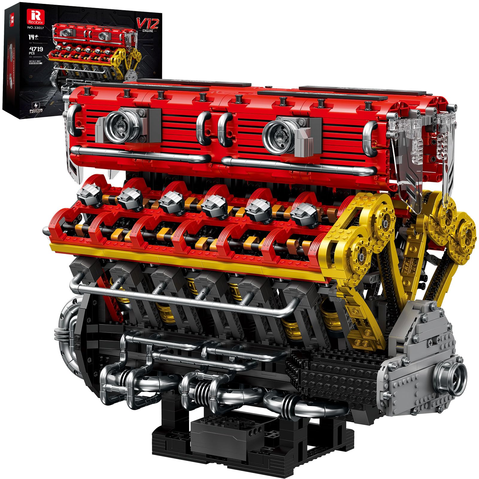 Reobrix V12 Engine Building Blocks Set for Adults, 33017 Technic Sports Car Engine Model Kit with Motor, Electric Racing Car Model Engine Kits Construction Engine Toys Gift for Adults Teens (4719PCS)