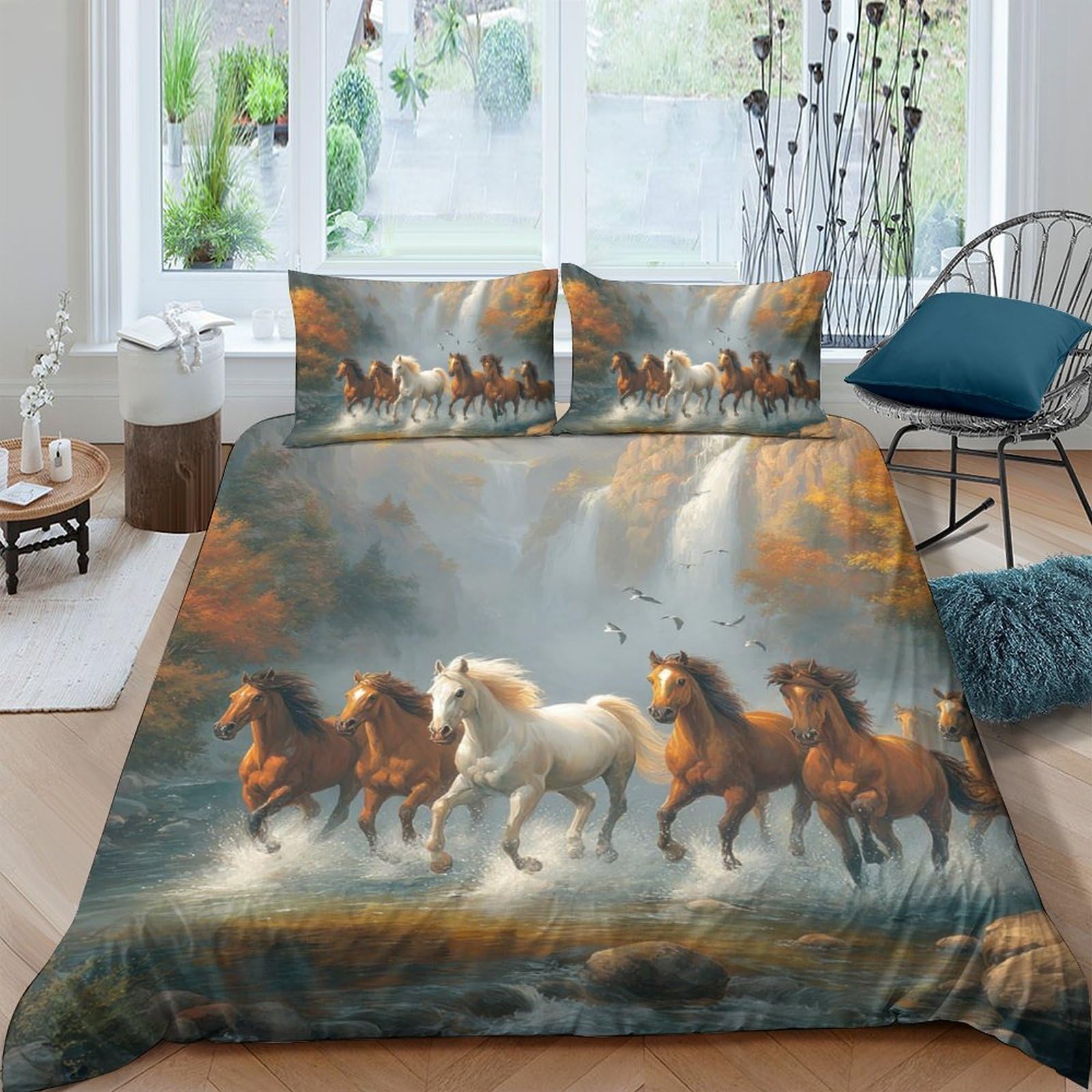 GPLZQXKJNH 3D Printed Running Horses Duvet Cover Microfiber Soft Breathable Wild Herd Bedding Set with 2 Pillowcases for Bedroom Decor Single（135x200cm）