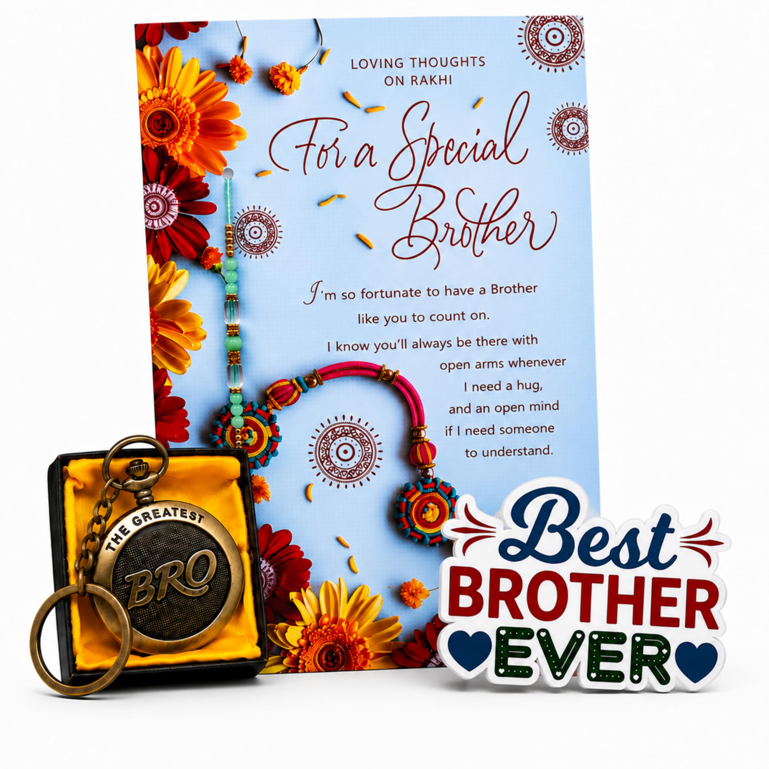 Rakhi Gift for Brother with Vintage Pocket Watch Keychain, Best Brother Ever Fridge Magnet, Rakhi Greeting Card & Designer Rakhi | Raksha Bandhan Gift Set for Bro | Brother Keepsake Gift Combo-picture-32