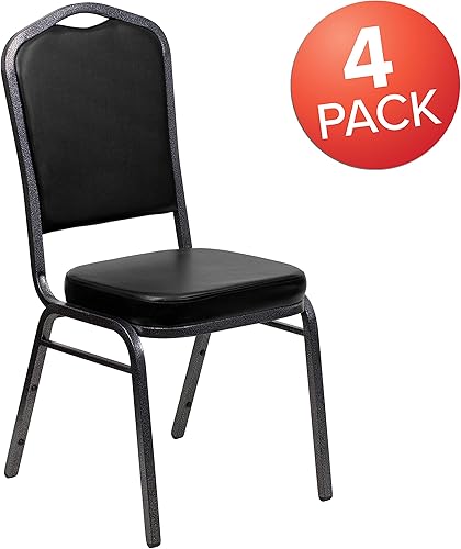 Miniatura 7 de BizChair Paquete de 4 sillas apilables para banquetes con respaldo de corona en vinilo negro, marco de vena plateada