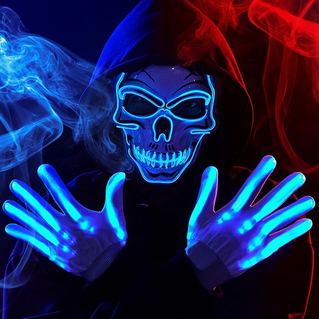 JOYIN Halloween LED Skull Mask with Light Up Gloves Blue Scary Glow Up Skull and Glow in The