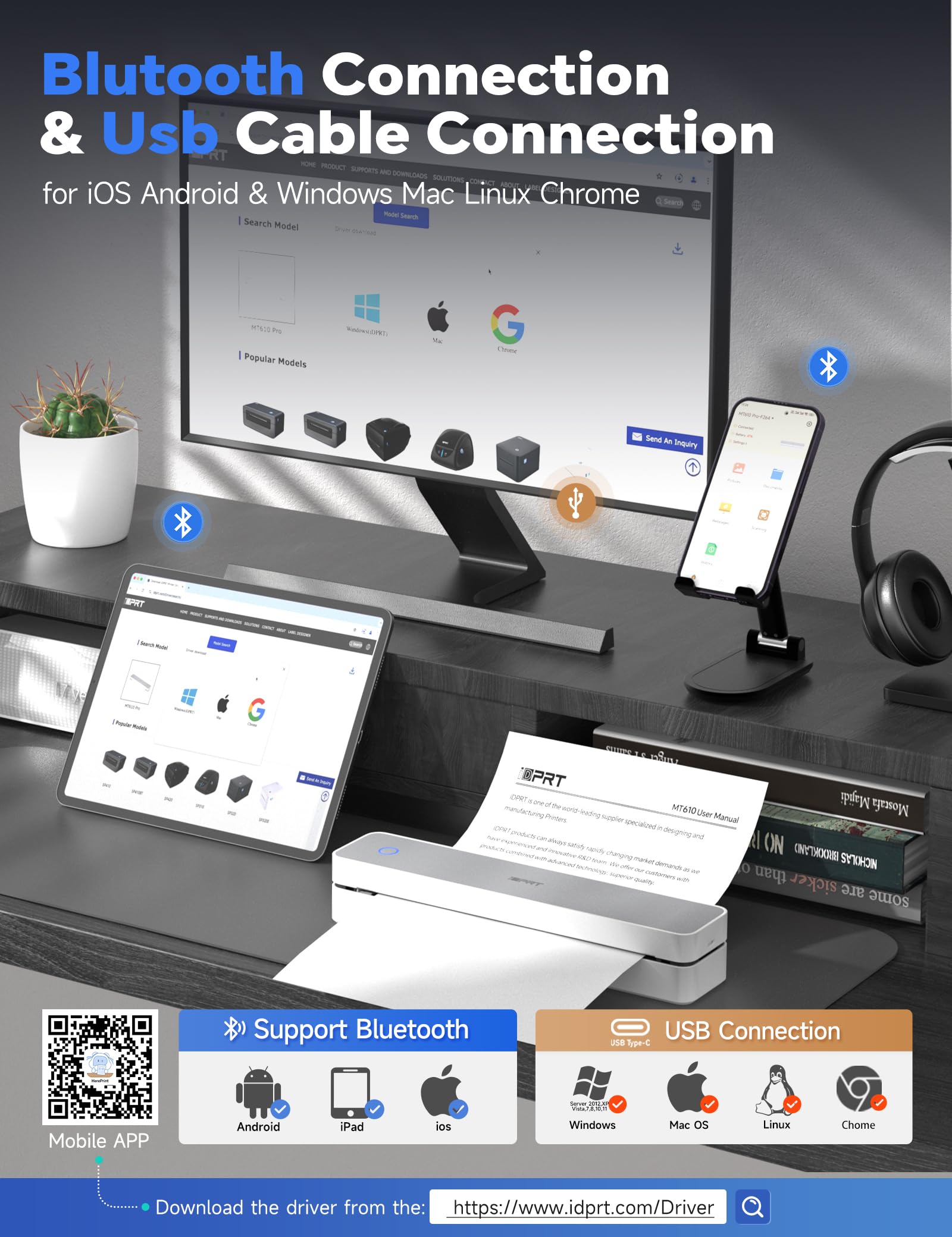 iDPRT MT610 Pro Stampante Portatile A4, Stampante Termica Densità di 300 DPI Compatibile con Laptop/PC, iOS/Android, Smartphone via Wireless Bluetooth, Mac/Windows via USB, Colore Bianca