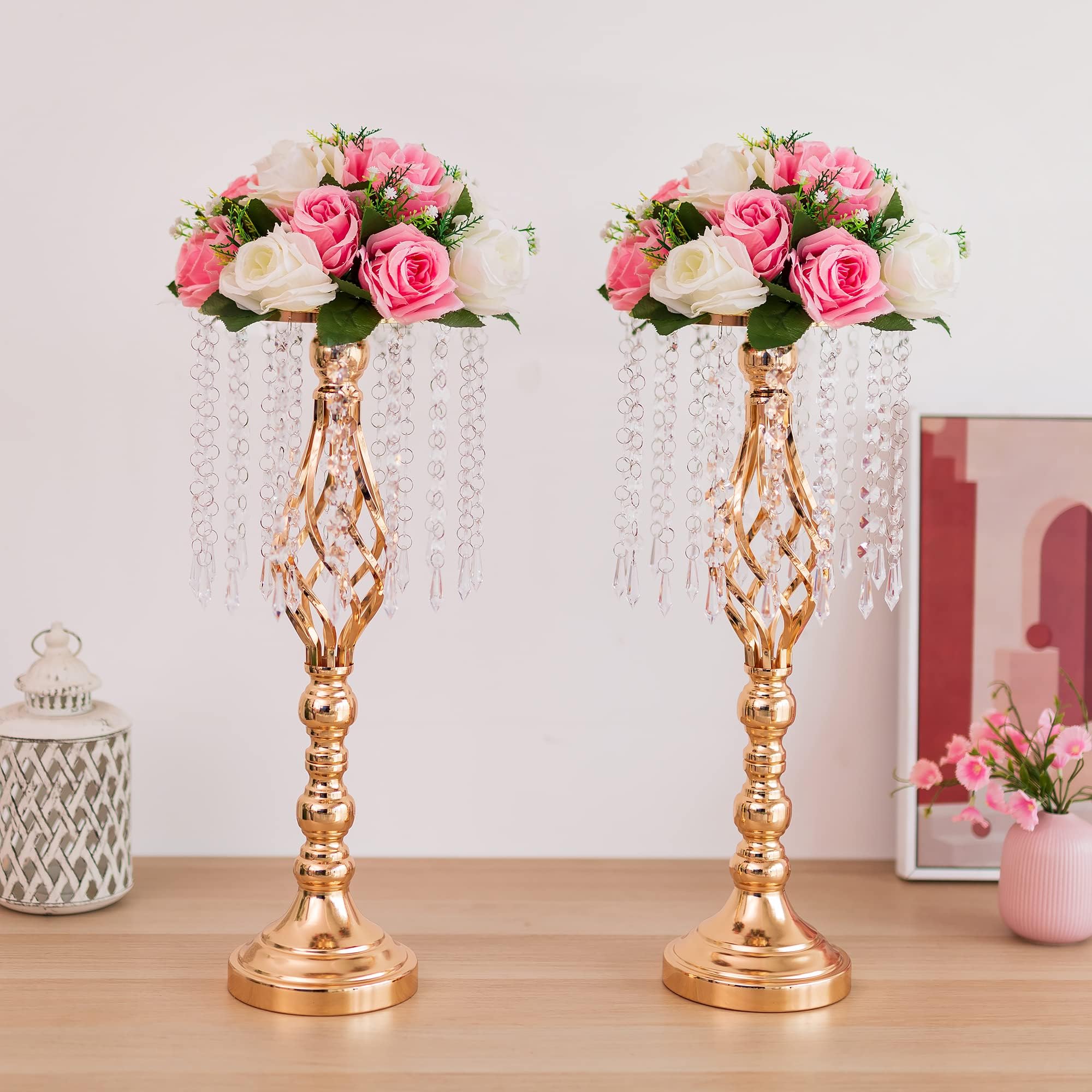 Centrotavola, vasi dorati per tavolo Espositore per fiori alto 49 cm, con vernice di cristallo, per matrimoni, feste, eventi, set di 2