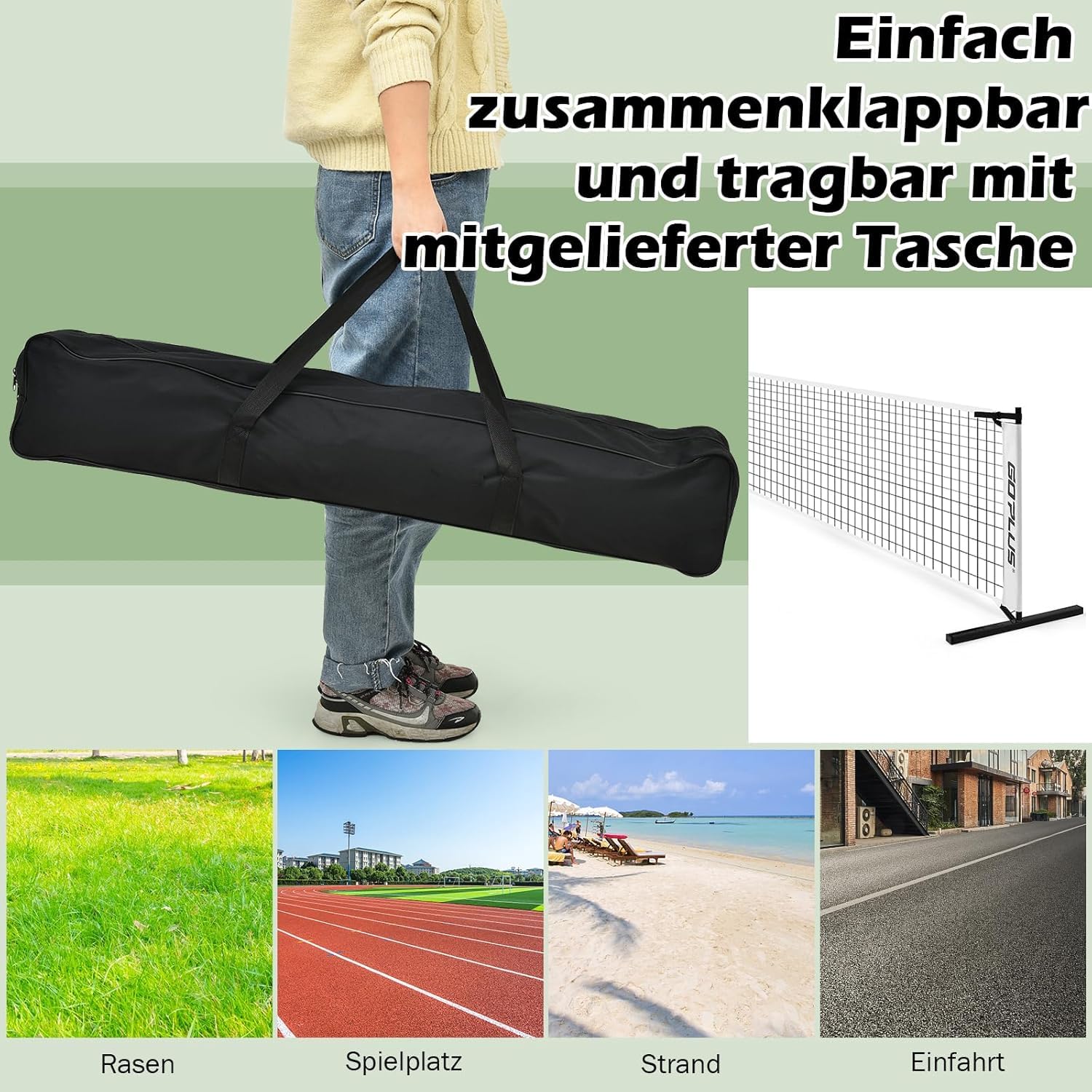 FANTASK 670 x 92cm tragbares Tennisnetz, Pickleball-Netz in offizieller Größe mit Metallrahmen & Tragetasche, Schwarz