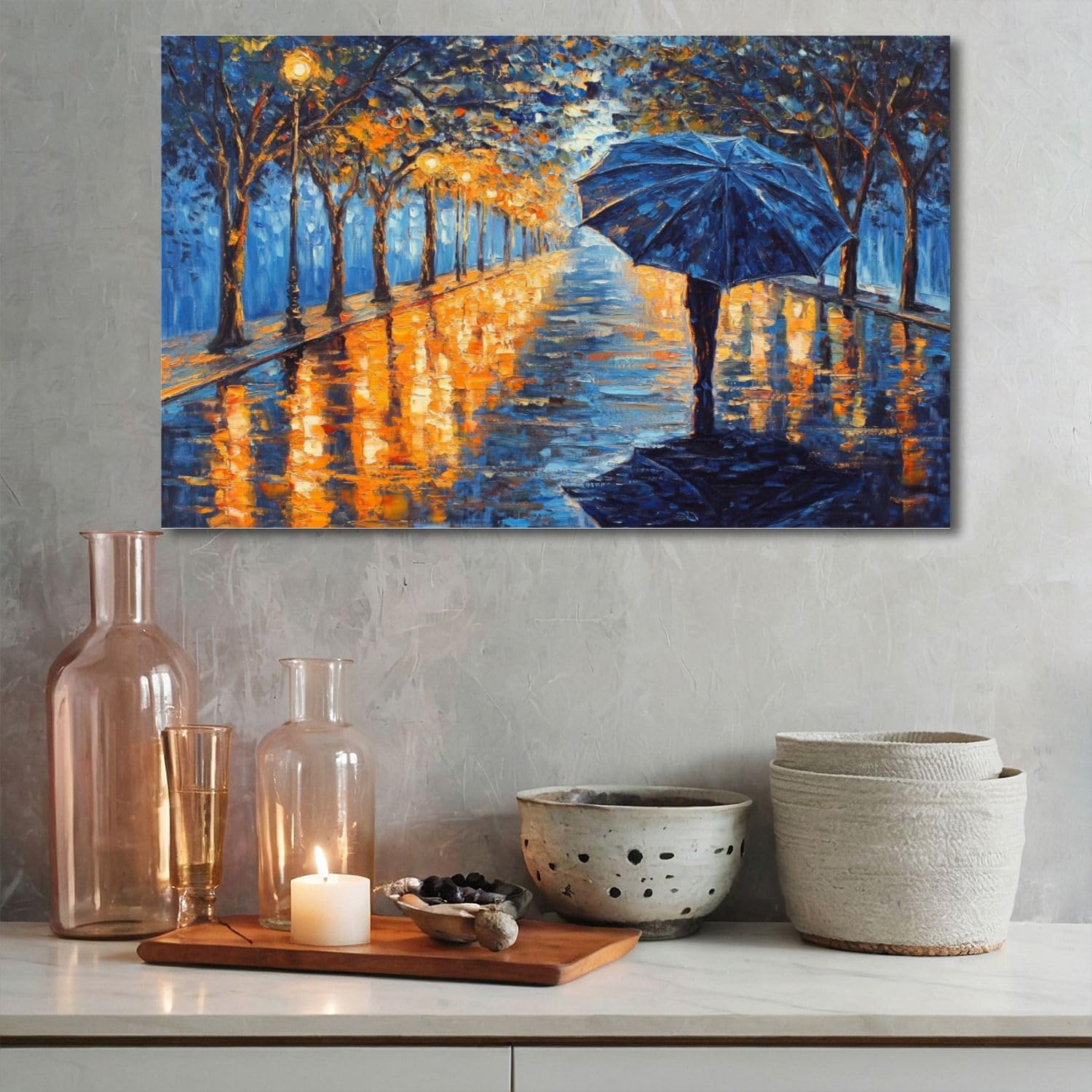 Amazon.com: Canvas Wall Art Rain Umbrella Street Lights Trees