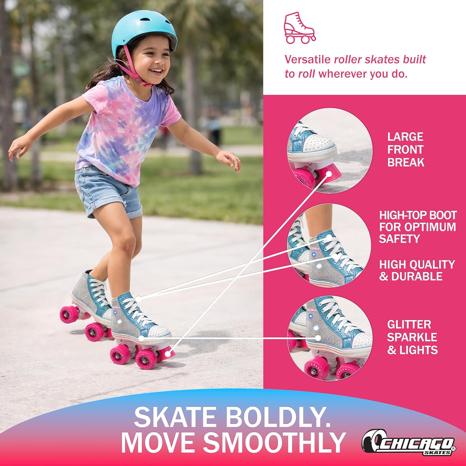 Chicago Skates Fashion Light Up Quad Roller Skates for Girls – Durable Top Performance Indoor/Outdoor Use,Sparkle Silver & Teal High-Top Boot Safety, 54mm Urethane Wheels, Adjustable Chassis & Trucks