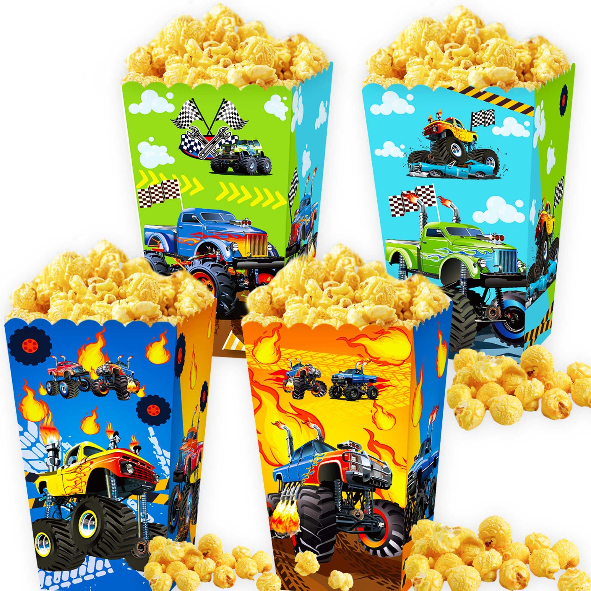 Roaring Good Time Monster Truck Party Popcorn Boxes 12PCS Racing Favor Bags Goody Treat Candy Bags Monster Truck Party Supplies for Themed Birthday