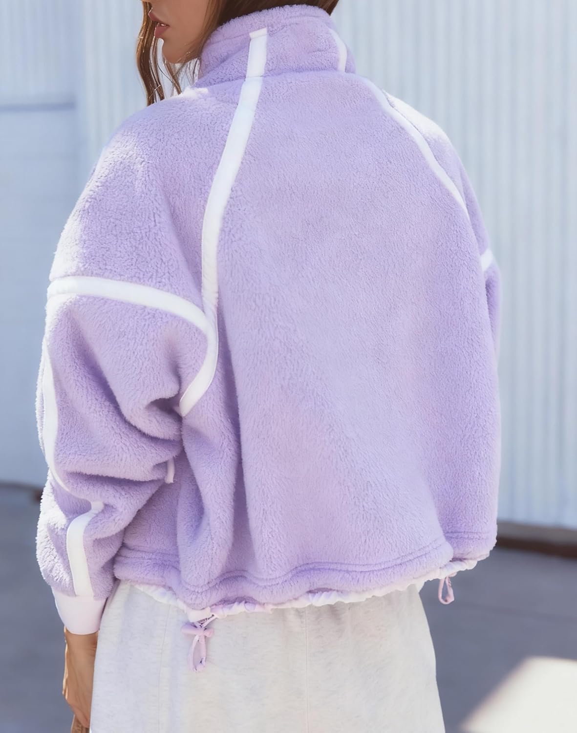Women's Fleece Jacket Zipper Stand Collar Casual Oversized Coats with Pockets