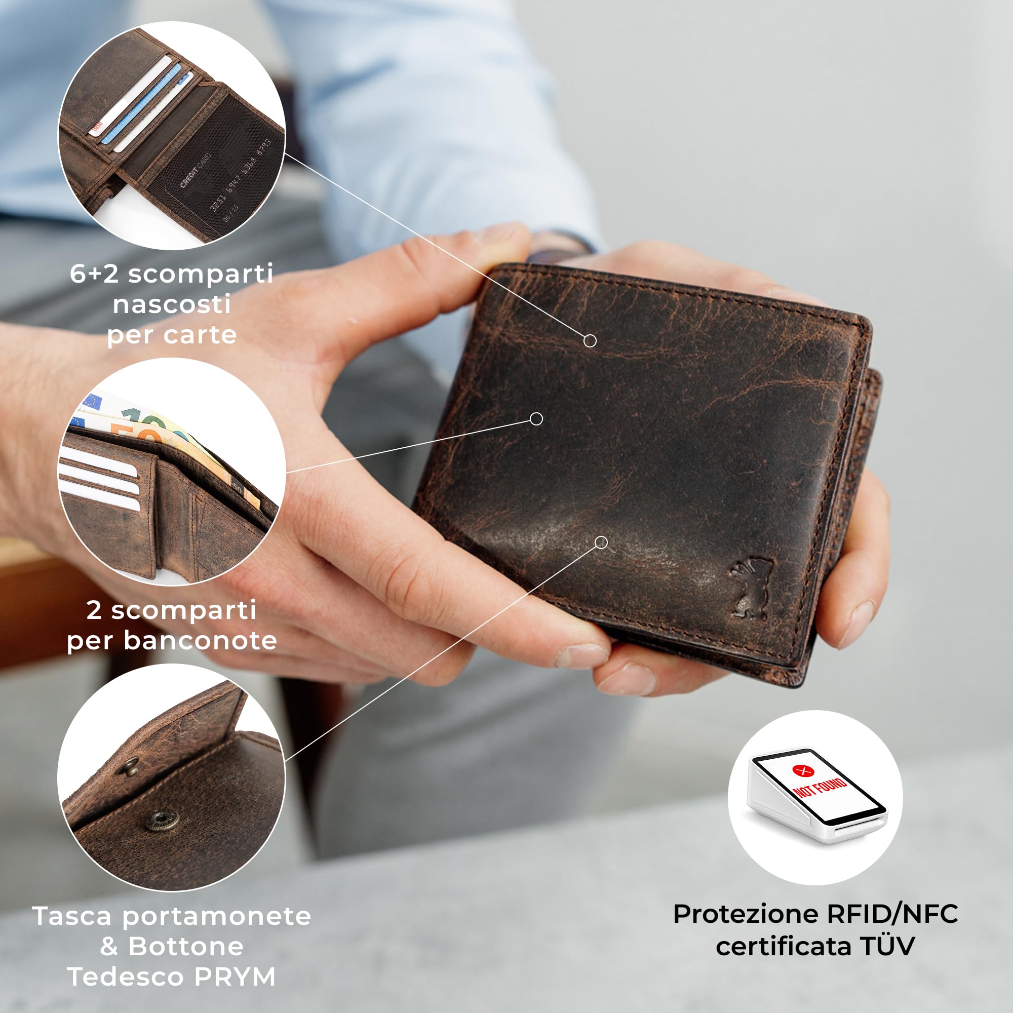 Berliner Bags Portafoglio Uomo Pelle Peter, Compatto con Portamonete, Porta Carte e Protezione RFID, Portafoglio Classico – Marrone