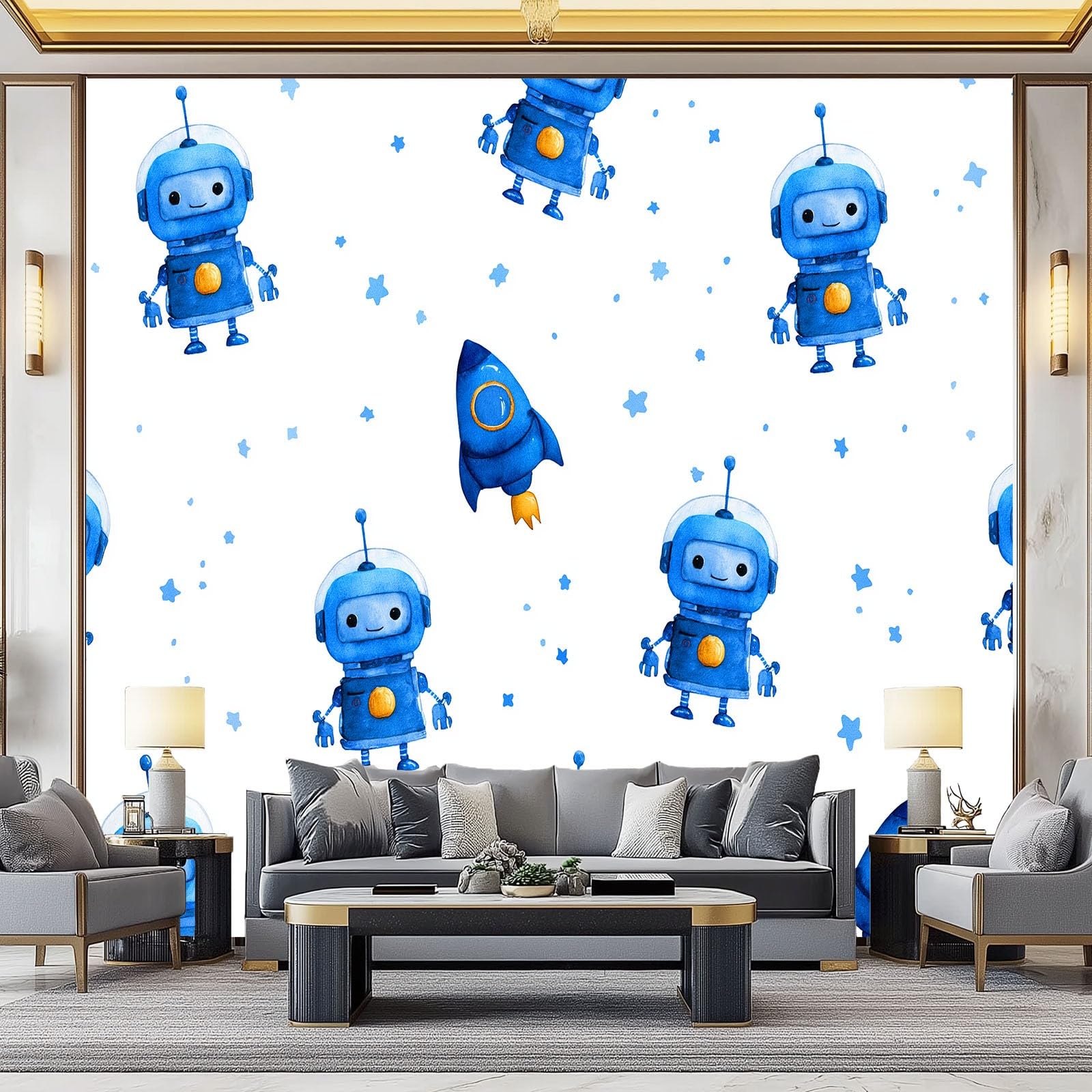 Fototapeta z włókniny, z kreskówki, robot kosmiczny, tapeta na fizelinie, biała, do salonu, sypialni, biura, korytarza, 350 x 256 cm, tapeta do pokoju dziecięcego, dla chłopców i dziewczynek