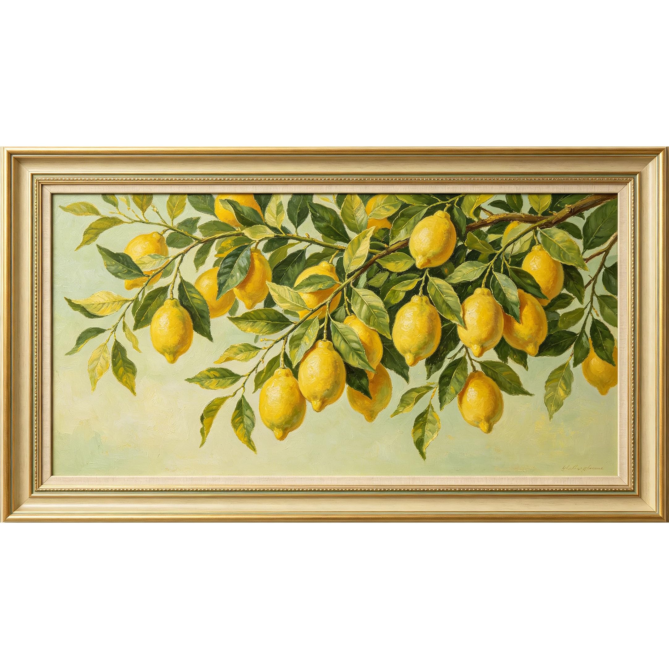 QZLITHOTIC 50x90cm3D Framed Wall Art， Botanical Lemon Branch Oil Painting Self‑Adhesive Mural， Water‑Activated Peel & Stick Fabric Decor Wall Decal for Bedroom Living Room