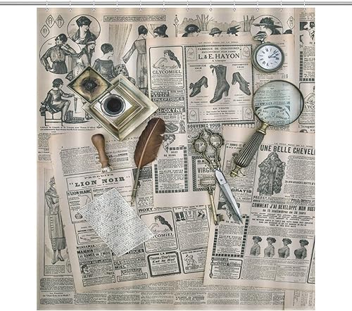 Cortinas de ducha de periódico vintage para decoración de baño, herramienta retro, lupa de cámara antigua, reloj de bolsillo, tijeras con patrón de