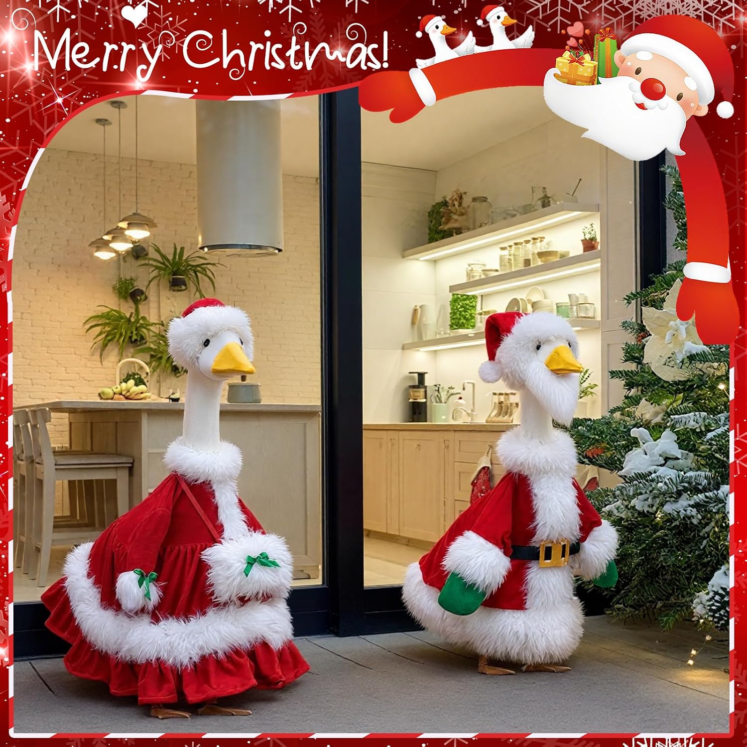 Sotiff 2 Set Christmas Porch Goose Outfit Mrs. Claus Goose Santa Dress for 23" H Large Statue Christmas Costume for Yard Lawn Outdoor Garden Patio Mrs and Mr Xmas Santa Winter Holiday Decoration