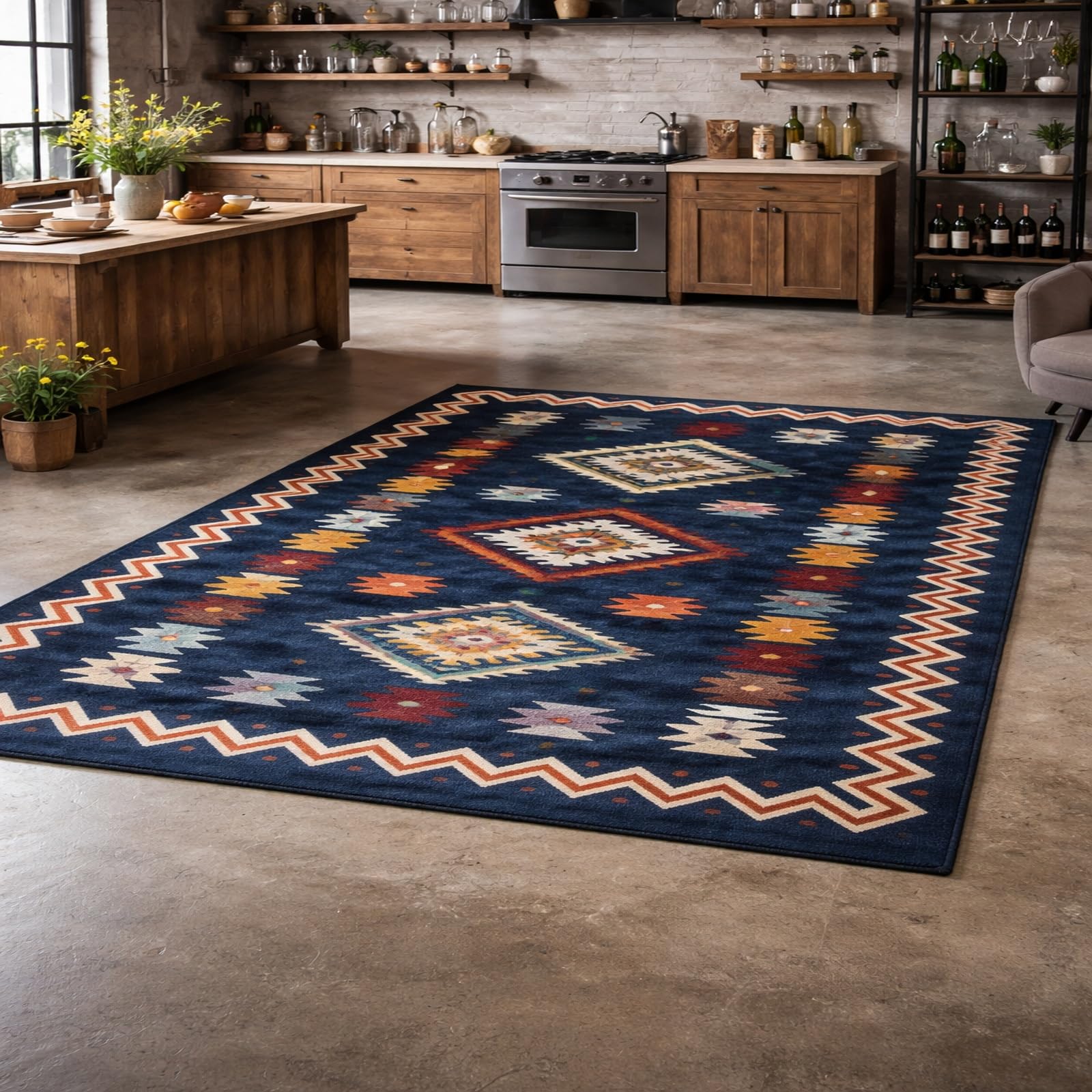 Tapis de salon géométrique bleu marine finitions soignées poils ras 120x160