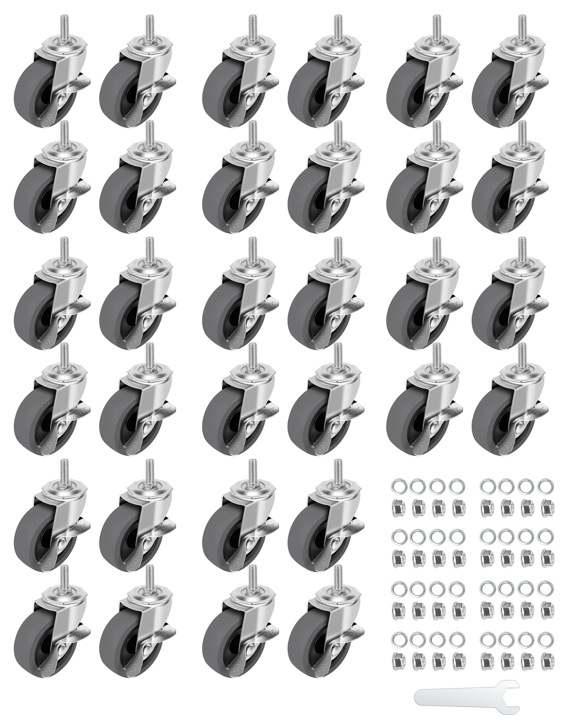 Caster Wheels, 3" Locking Swivel Stem Casters Set with Brake of 32, 3/8"-16 x 1 (Screw Diameter 3/8", Length 1") Rubber Castors with 360 Degree No