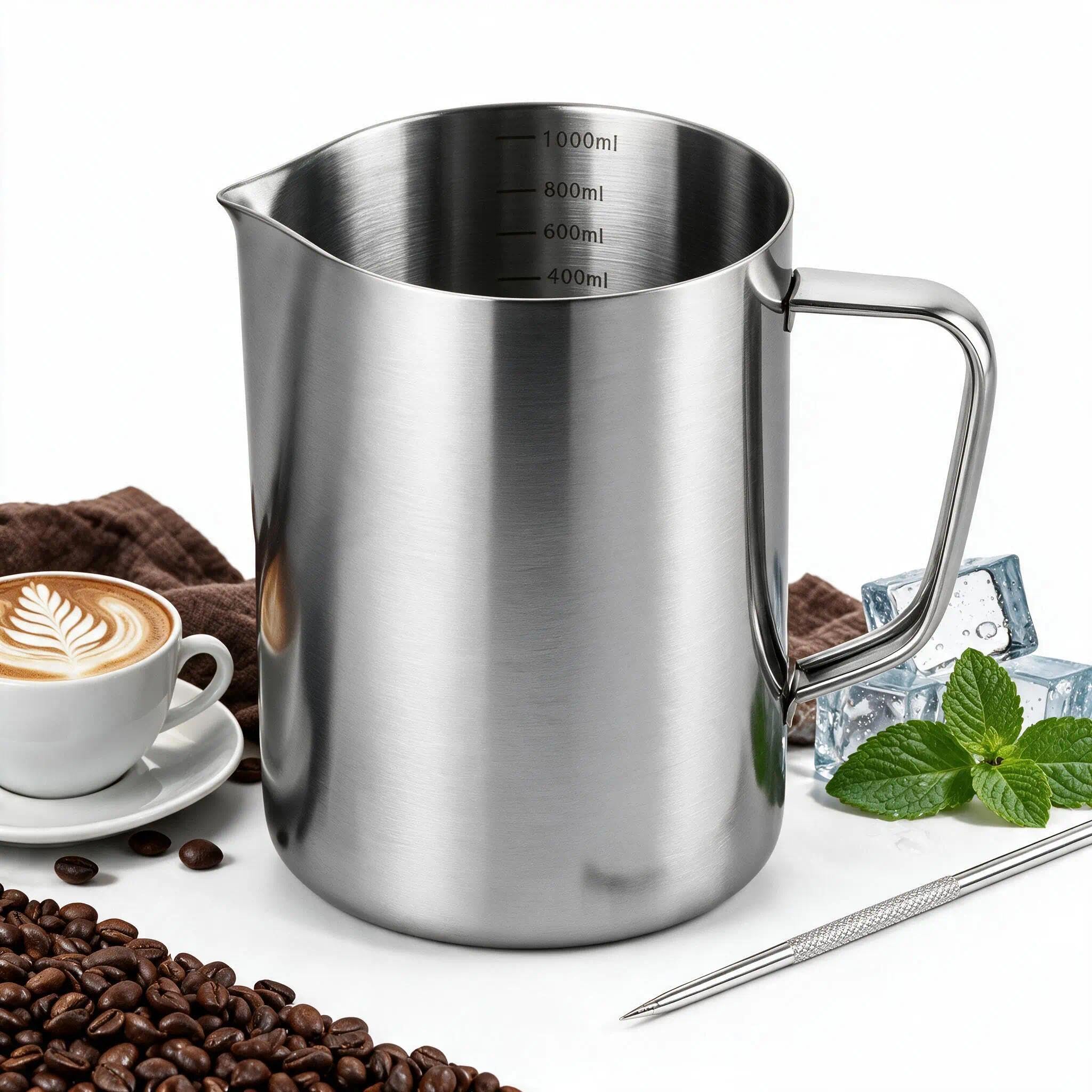 Stainless Steel Measuring Jug 1000ml, Milk Frothing Mixing Pitcher with Handle & Scale, Metal Measuring Cup for Coffee Machine, Kitchen Baking & Candle Making