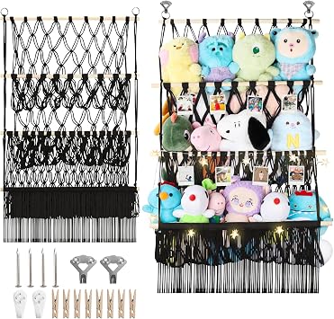 3 Tier Wall Hanging Stuffed Animal Shelf, 24x39 Inch Large Stuffy Storage Holder w/ LED Light & Clips for Mini Medium Plushies Teddy, Black Boho Macrame Toy Hammock Display for Nursery Kids Girls Boys