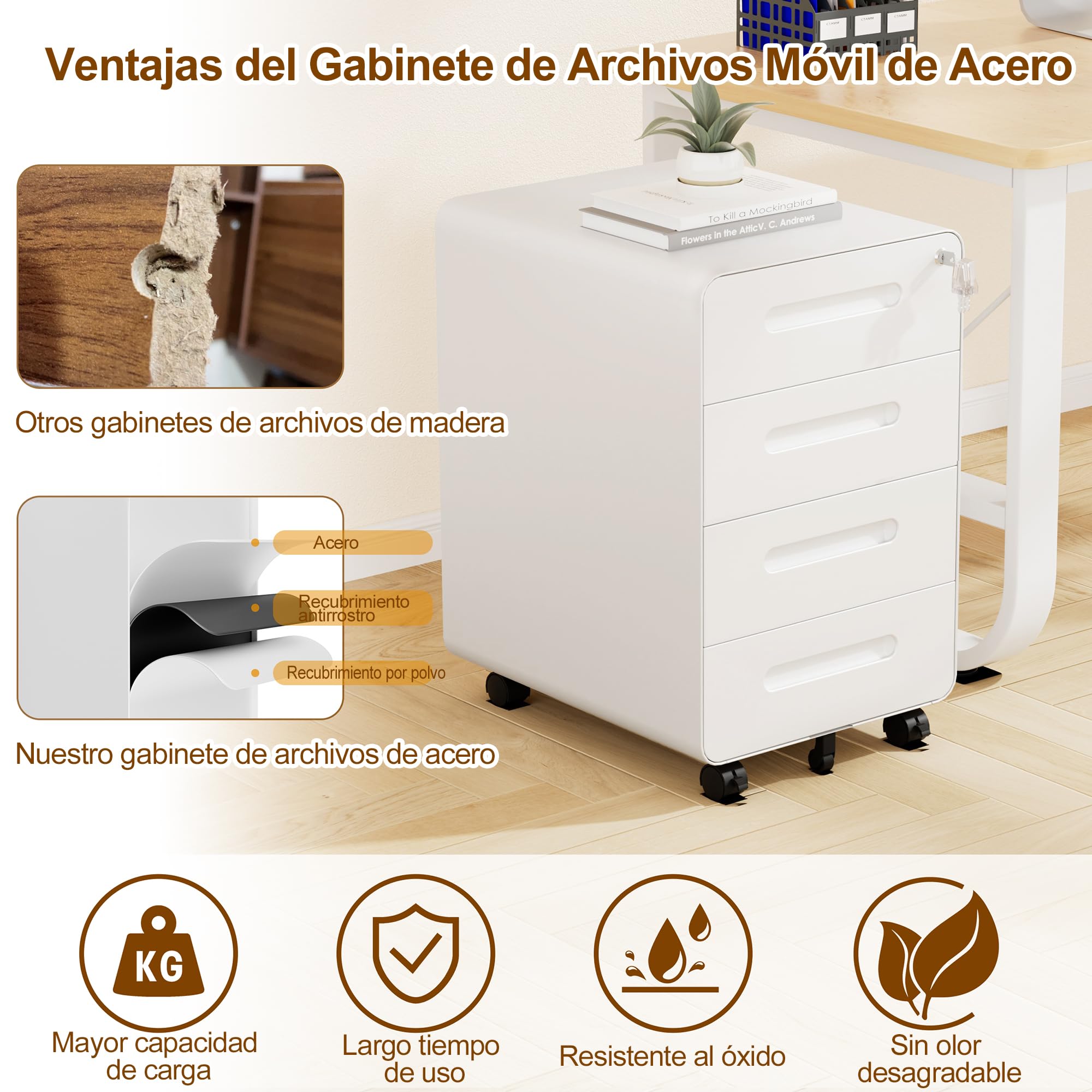 Cajonera móvil, Archivador Metálico con Cerradura, 4 Llaves, 4 Cajones, Premontado, Esquinas Redondeadas, para Oficina, Oficina en Casa, 46P x 40A x 64A cm, Blanco