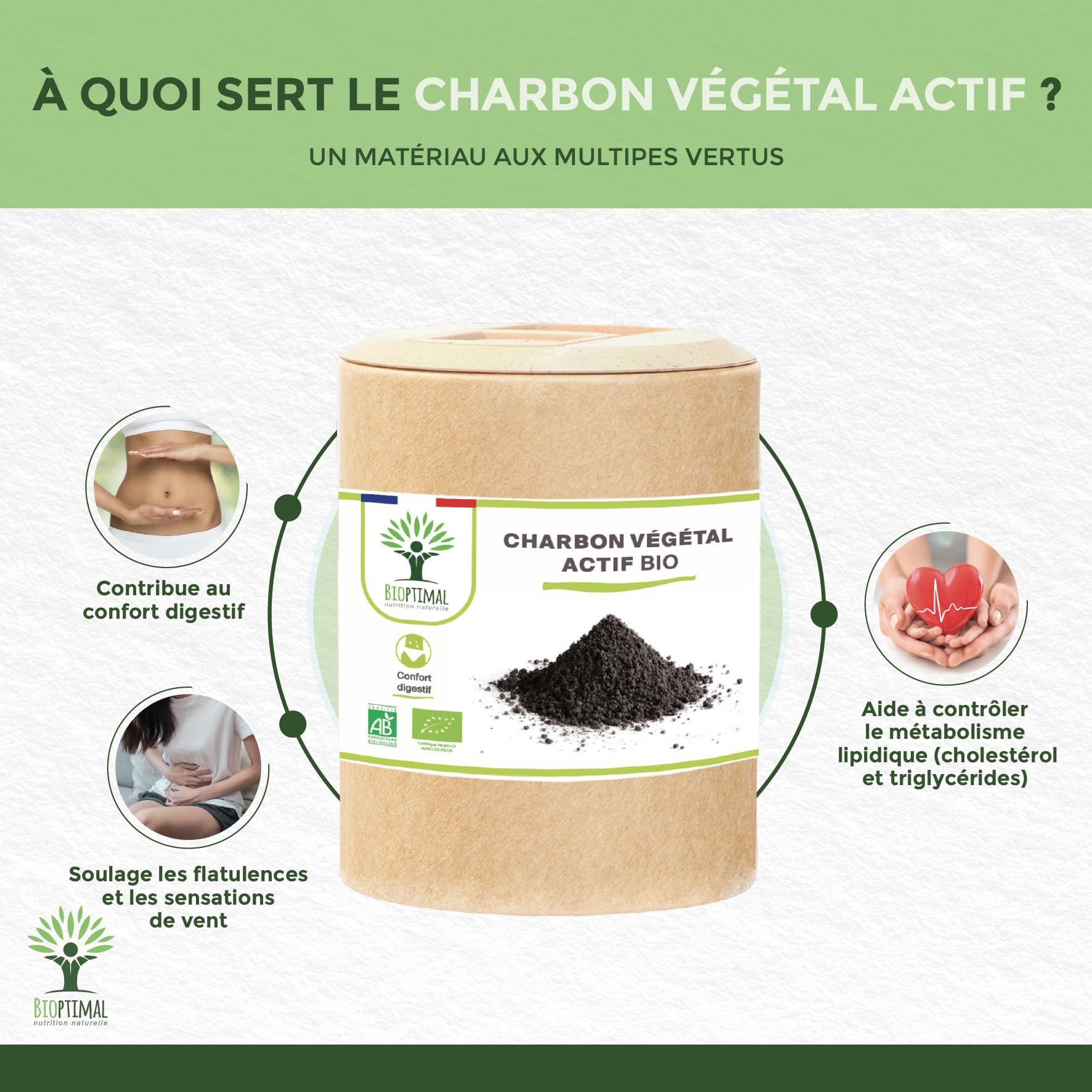 Charbon Végétal Actif - Bioptimal - Complément Alimentaire - Ventre Plat Digestion Anti-Ballonnement Gaz - 150 mg de Poudre Active Pure par Gélule - Fabriqué en France - Certifié Ecocert - 200 gélules