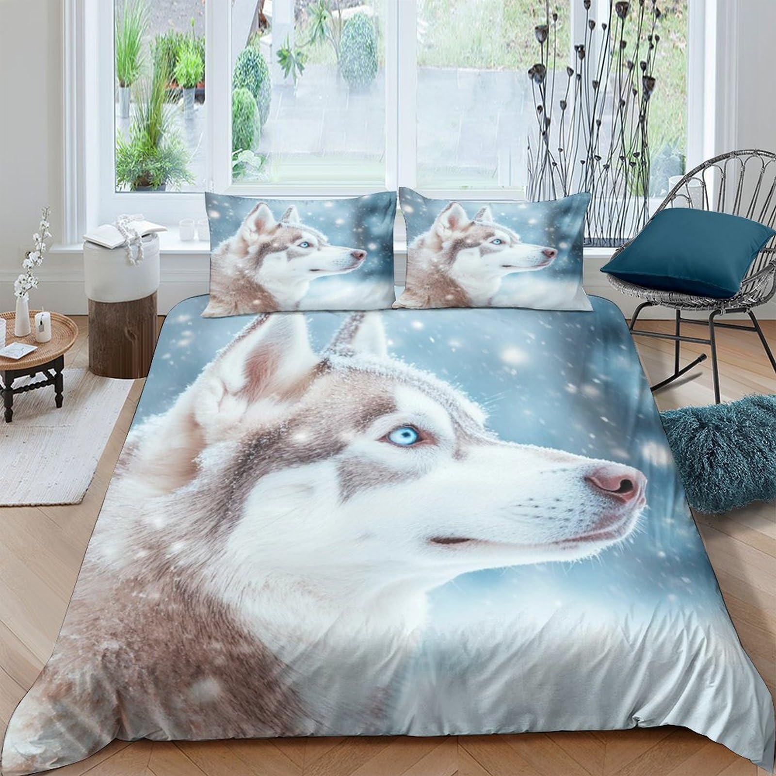 GPLZQXKJNH 3D Printed Husky Dog Duvet Cover Microfiber Soft Breathable Snowy Forest Bedding Set with 2 Pillowcases for Bedroom Decor Single（135x200cm）