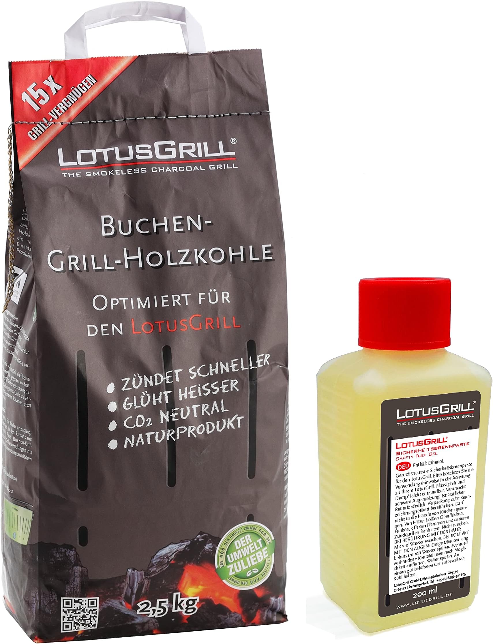 Lotus Grill Beech Charcoal 2.5 kg bag and Lotus Grill Fuel Paste 200 ml, Both for Raucharmes BBQ with Lotus Grill