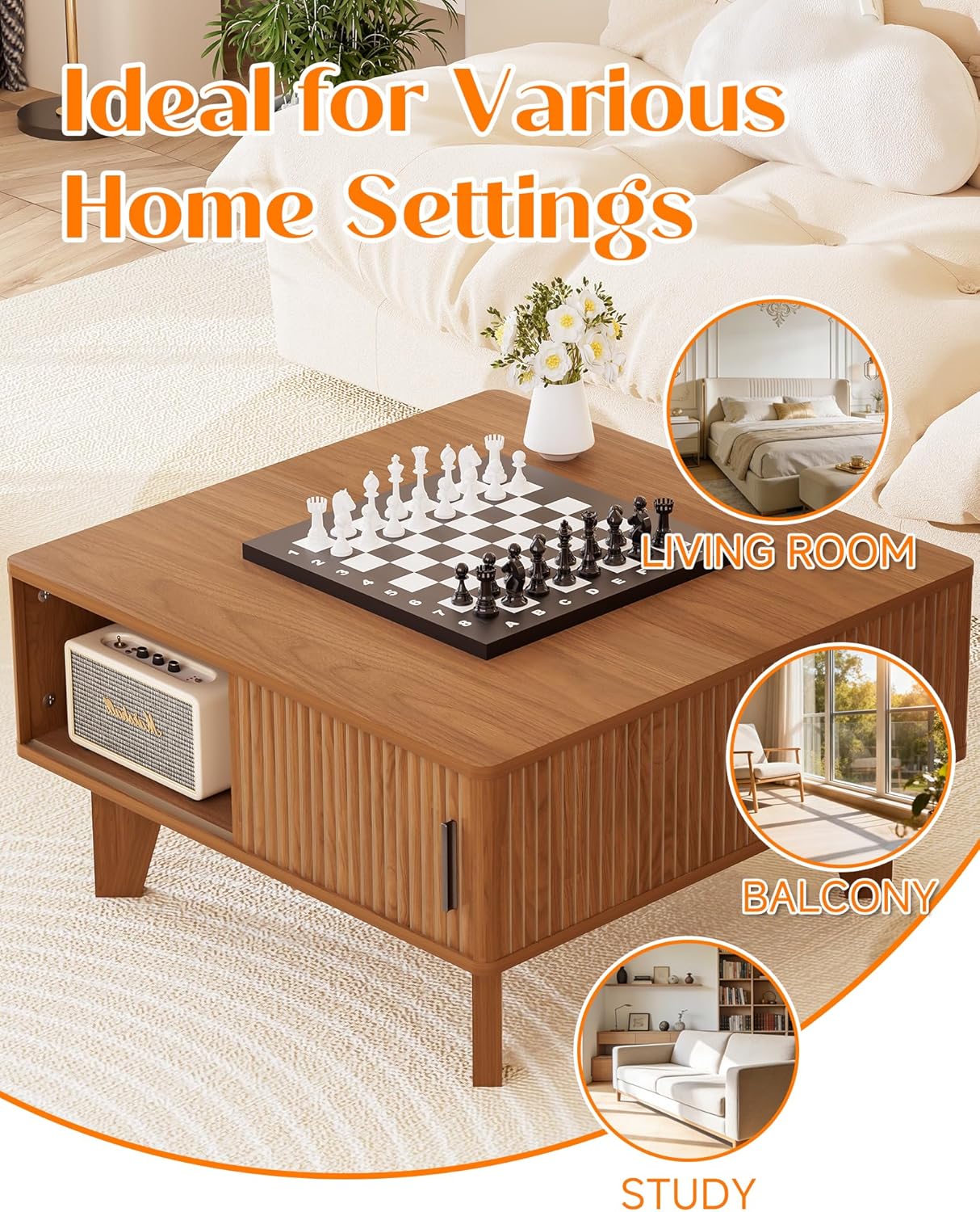 Square Coffee Table with Storage, 29.7" Modern Lift Top Coffee Table for Living Room, Wood Fluted Center Table with Sliding Tambour Door, Walnut