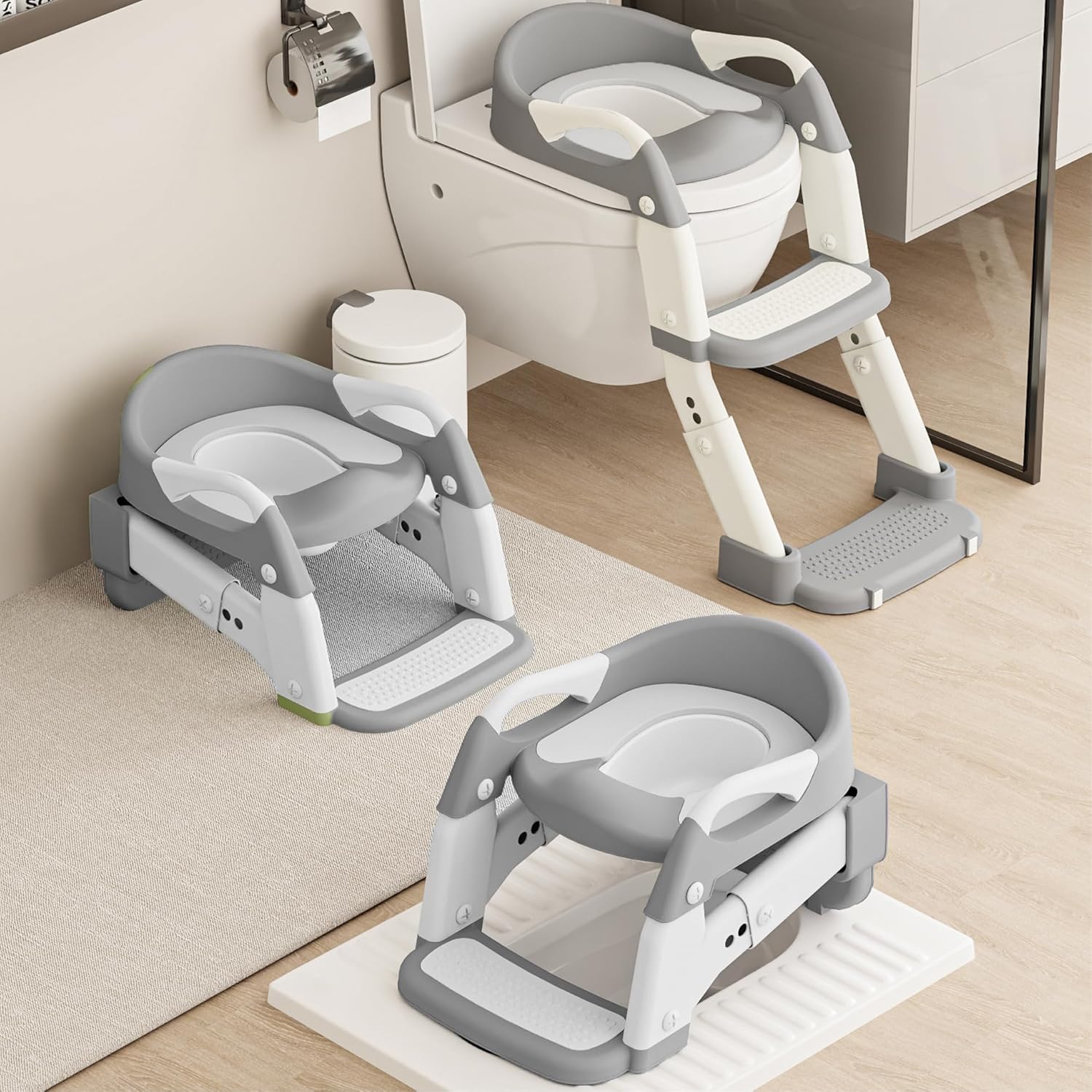 3-in-1 Toddler Potty Training Toilet Seat with Foldable Ladder – Adjustable Toddler Toilet Seat for Boys & Girls with Soft Cushion, Ergonomic Backrest, Non-Slip Pedal and Safety Grips (White & Gray)
