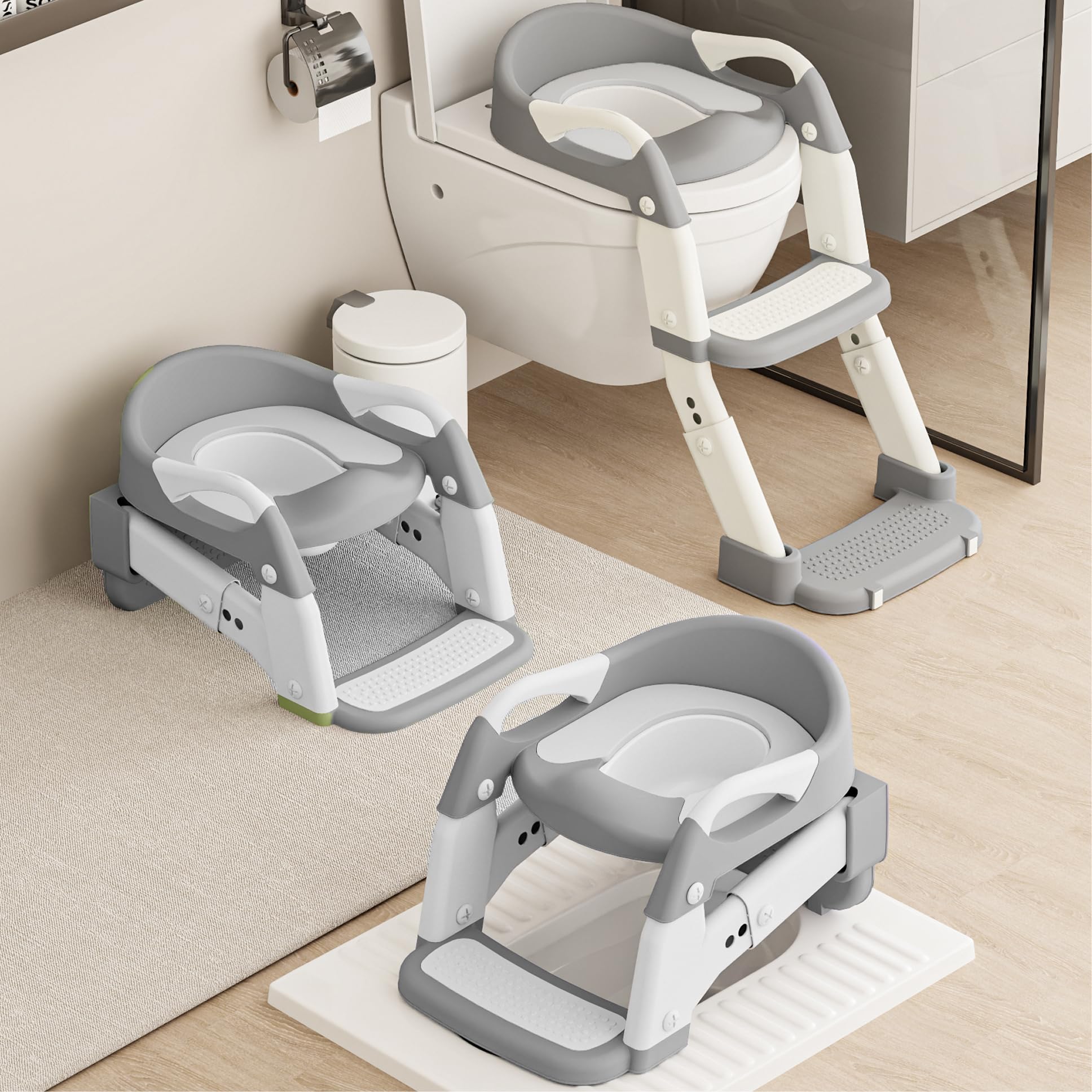 3-in-1 Toddler Potty Training Toilet Seat with Foldable Ladder Adjustable Toddler Toilet Seat for Boys Girls with Soft