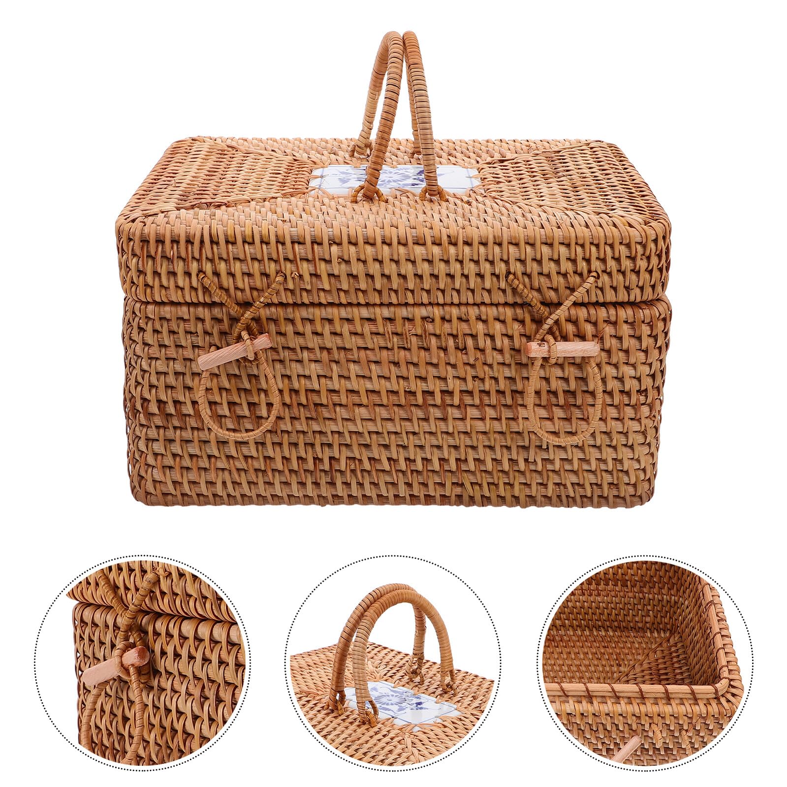 Cesto da Picnic in Rattan Intrecciato con Manico Porta Snack e Frutta Scatola di Stoccaggio Boho in Stile Country Contenitore Spazioso per Campeggio e Feste all Aperto Elegante