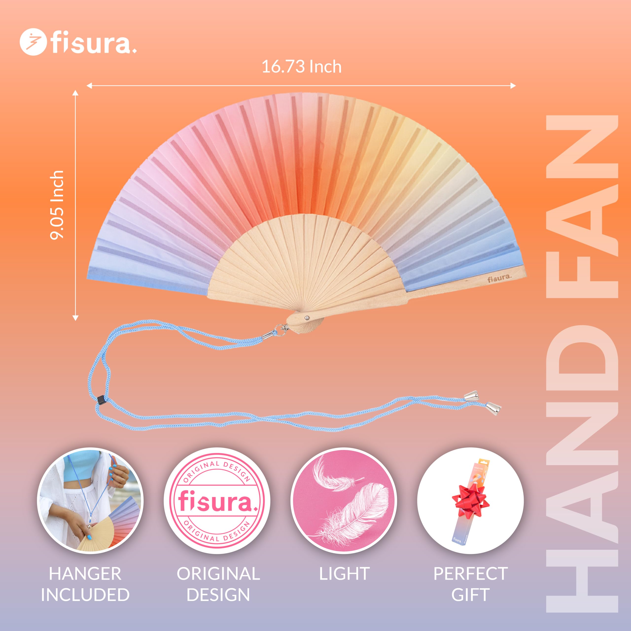 Fisura, Original Folding Fan, Modern and Colourful Wooden Fan, Gradiend Blue and Orange Handheld Fan - Image 2