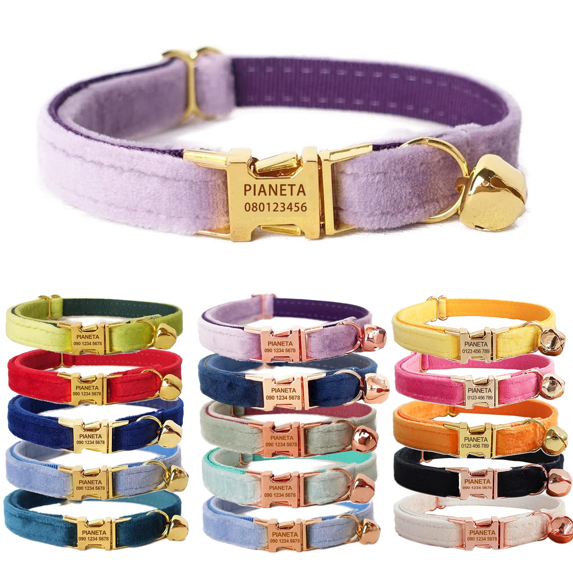 Cat Collar Personalized with Name Engraved and Bell, Customized Velvet Collars for Puppy Kittens (Purple, S (6"-10")) — image 1