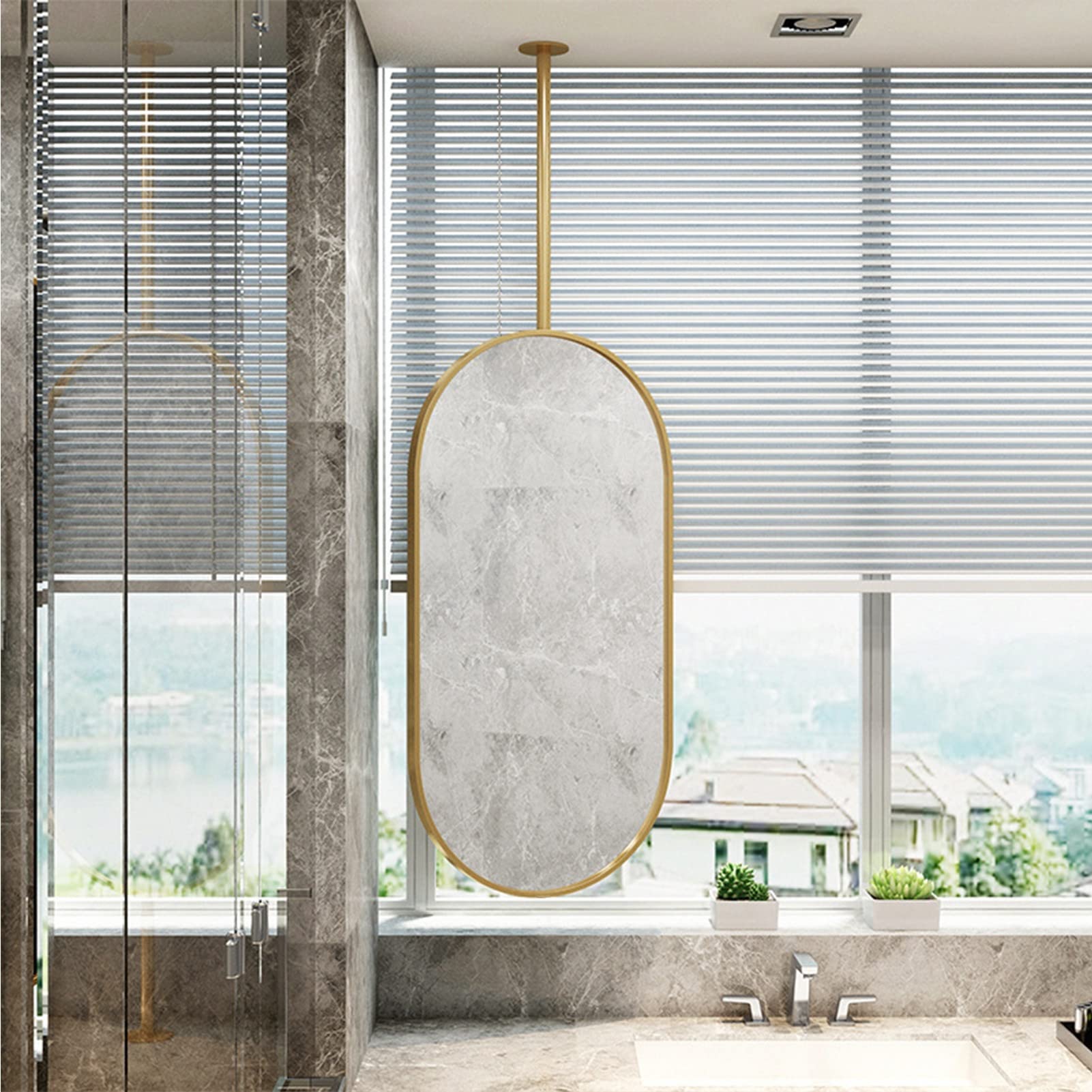 Owalne lustro wiszące z metalowym wysięgnikiem na suficie, nowoczesne dekoracyjne lustro ścienne do salonu wejście do łazienki, konfigurowalne złoto (rozmiar: 50 cm x 70 cm)