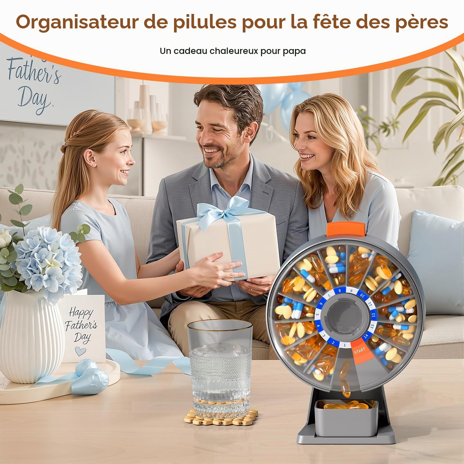 Daviky Grand pilulier quotidien avec fixation murale ou debout, design à bouton-poussoir, pour vitamines, médicaments, compléments, huile de poisson (gris)
