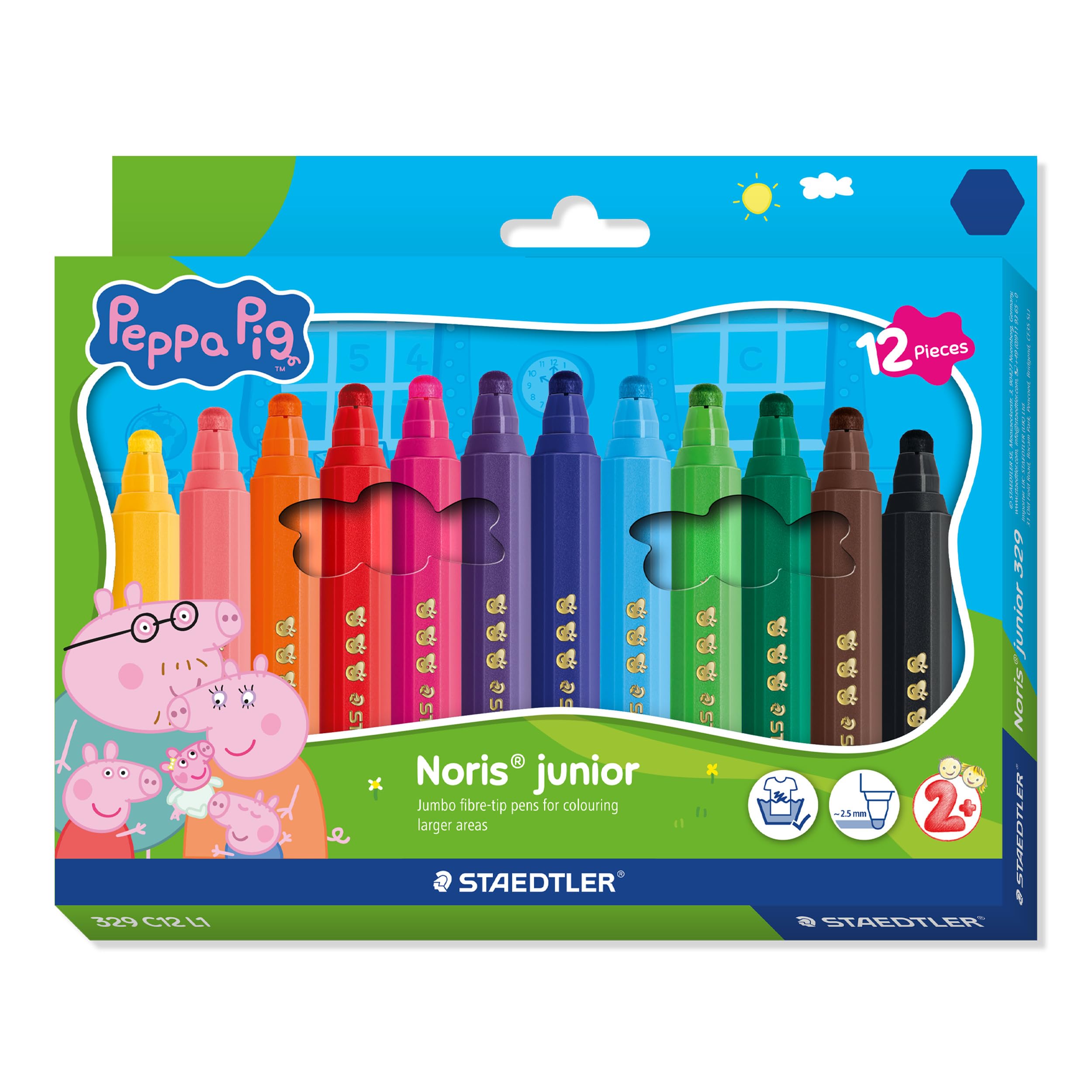 STAEDTLER Noris Junior Peppa Pig Markers Set of 12 - Extra Broad Tip Pens for Large Colouring Surfaces - Washable Markers for Children in Ergonomic Format