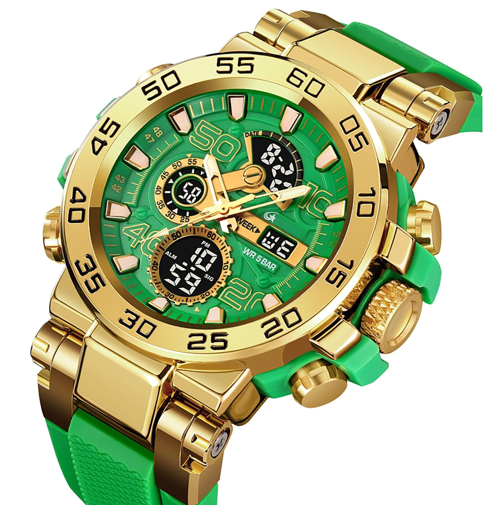 MASTOP Relojes coloridos para hombre, para deportes al aire libre, 55 mm, cara grande, camuflaje, 50 m, impermeable, militar, reloj de pulsera táctico, fecha, multifunción, alarma LED, resistente para