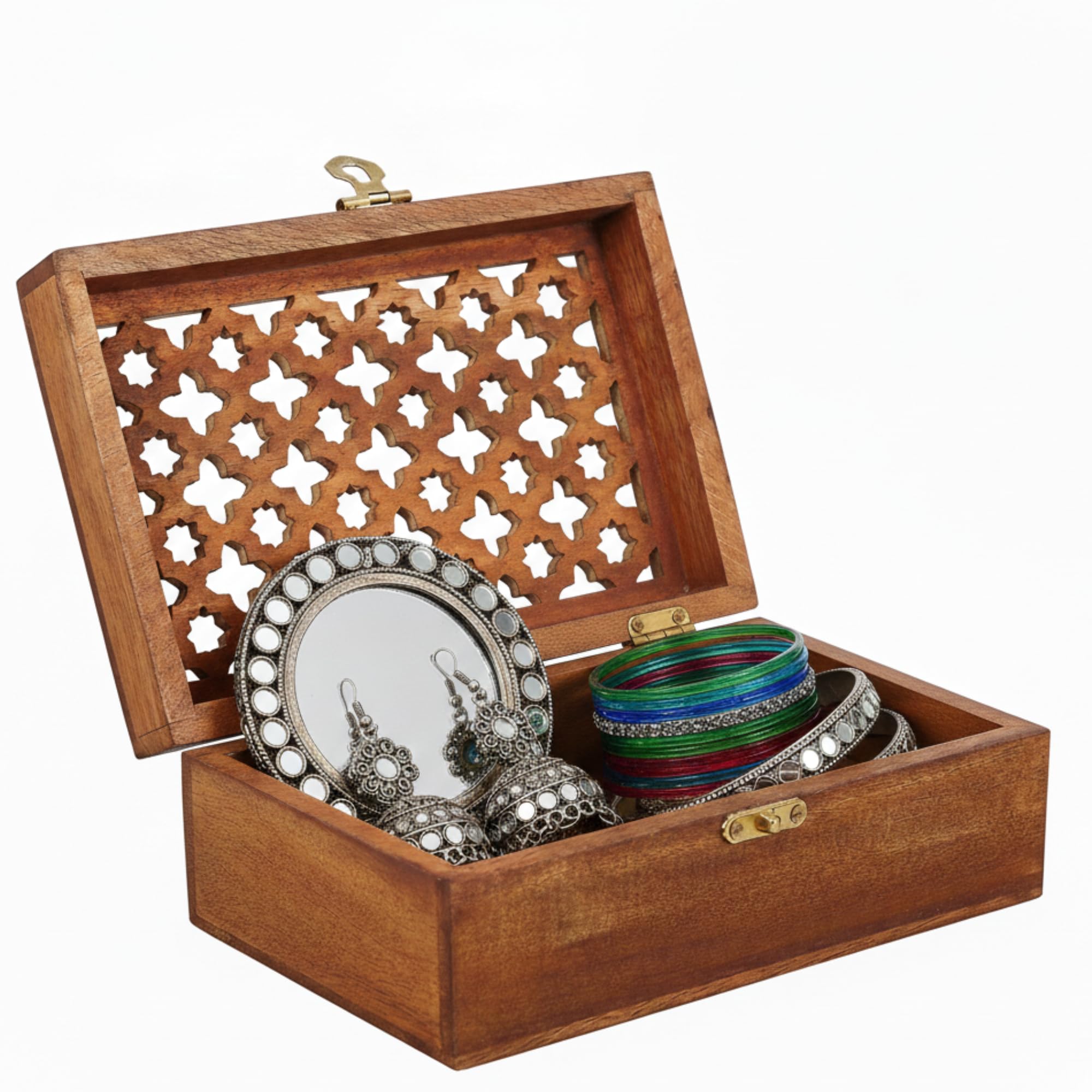 Boîte de rangement en bois de manguier contre le désordre des bijoux sur la coiffeuse