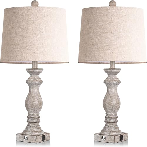 Miniatura 9 de Juego de 2 lámparas de mesa de 24.5 pulgadas, lámparas de noche rústicas de granja con puertos de carga USB A+C, lámparas de mesa de noche