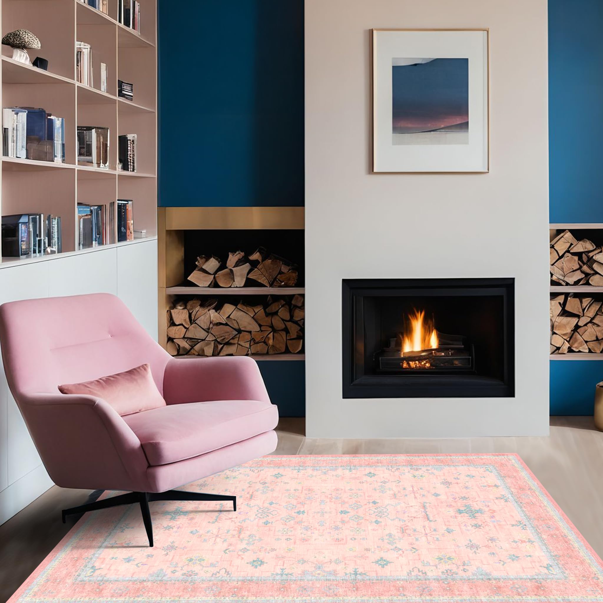 Hazo Haus Alfombra de área para cuarto de bebé, 4 x 6 pies, color rosa, para dormitorio de niñas, lavable, de pelo bajo, para sala de estar, diseño bohemio encantador, alfombra antideslizante perfecta