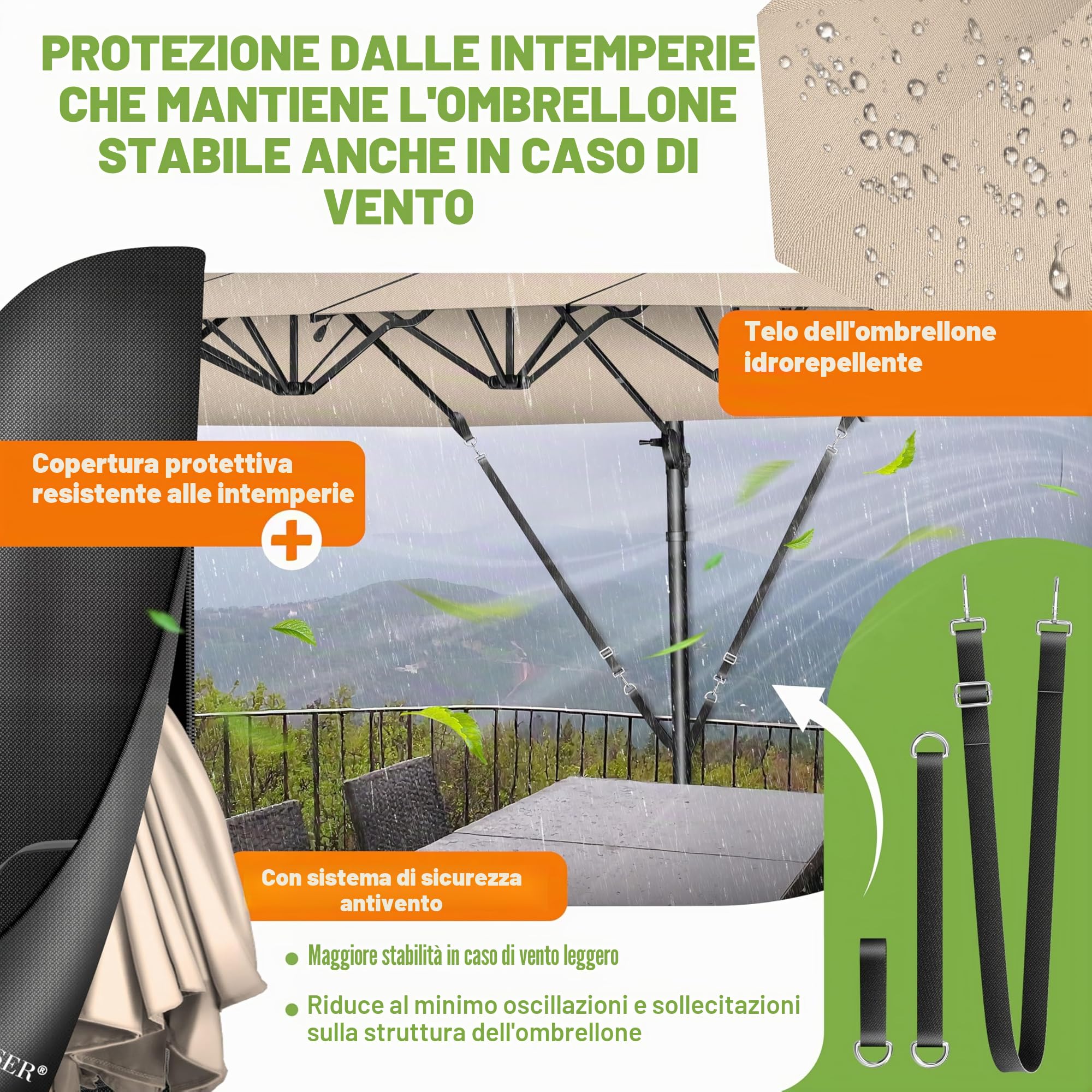 KESSER Ombrellone doppio, 4,6 m x 2,7 m, copertura per ombrellone e protezione antivento con manovella e supporto, in alluminio impermeabile, inclinabile, girevole a 360°, beige., Ohne LED