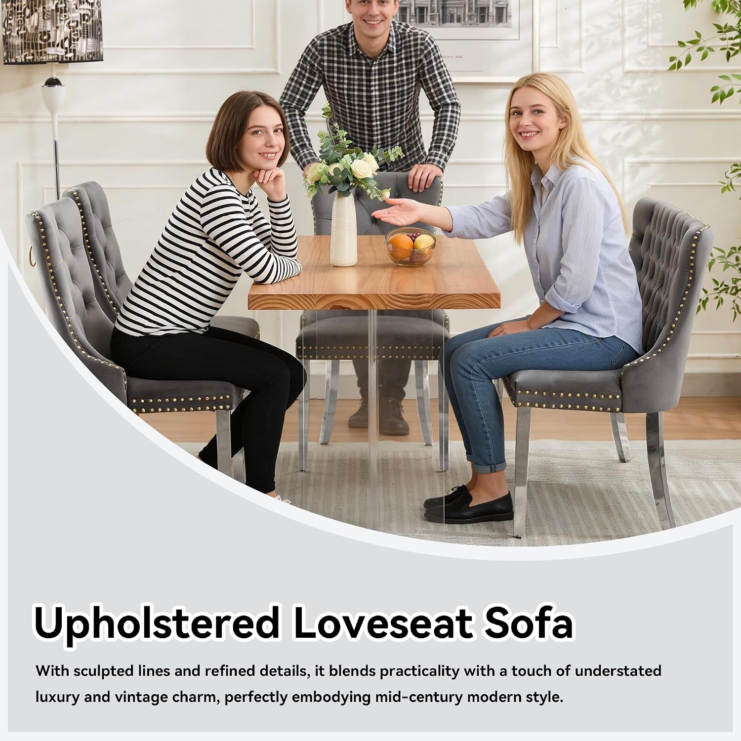Velvet Double Dining Loveseat Bench, 2-Seat Tufted Bench with Handmade Buttons and Wing Back, Accent Chair with Silver Stainless Steel Legs, Mid-Century Modern Dining & Kitchen Seating, Gray