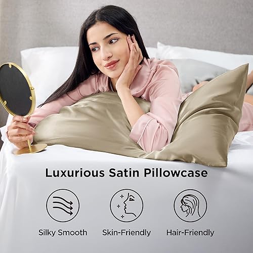 Vista 59 de Bedsure Juego de 2 fundas de almohada de satén tamaño King, fundas de almohada sedosas color verde azulado para cabello y piel con cierre de sobre