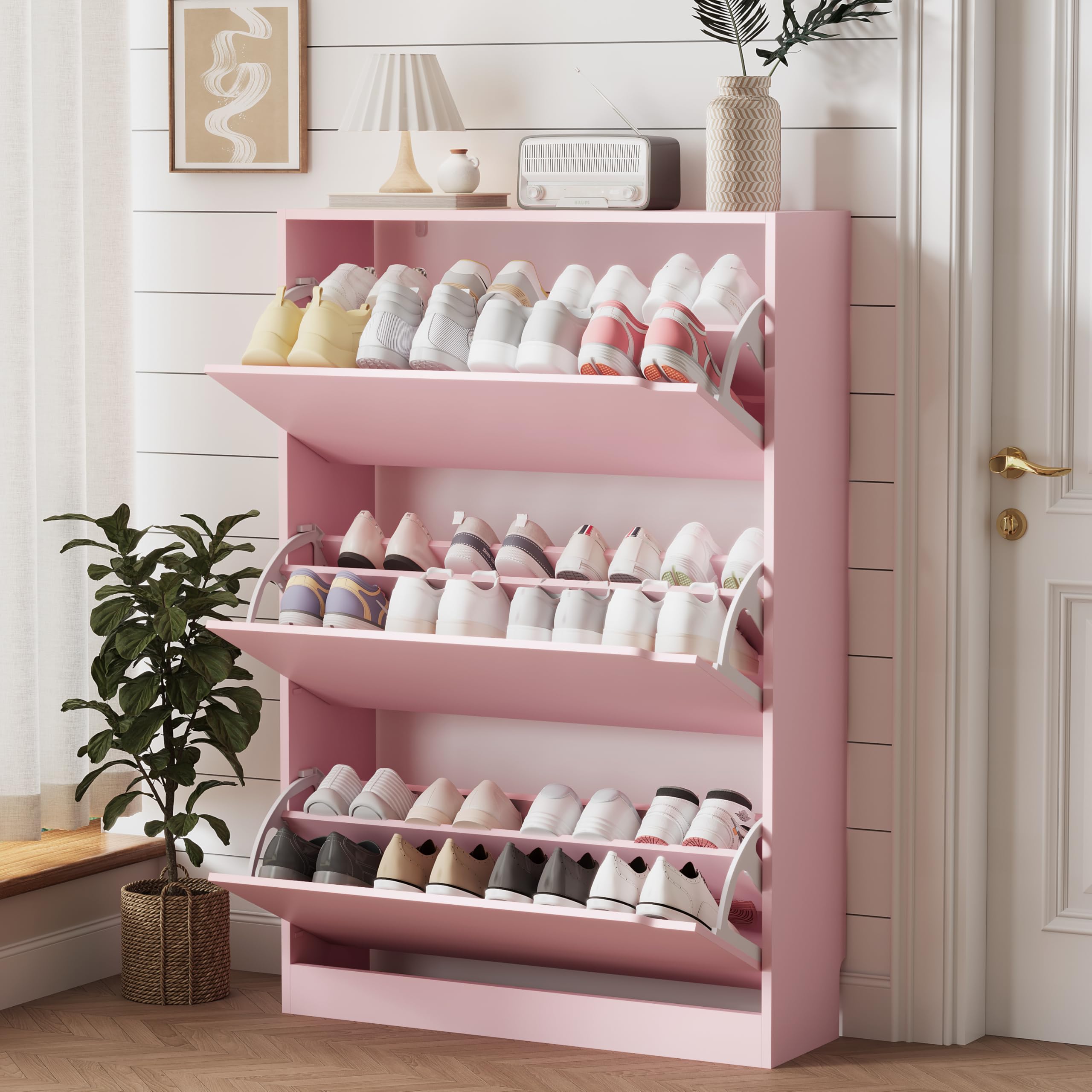 Xixini Shoe Storage Cabinet for Entryway with 3 Flip Drawers, Sturdy Wood Hidden Shoe Storage, Freestanding Narrow Slim Shoe Organizer for Front Door Entrance, Living Room, Hallway, Bedroom, Pink